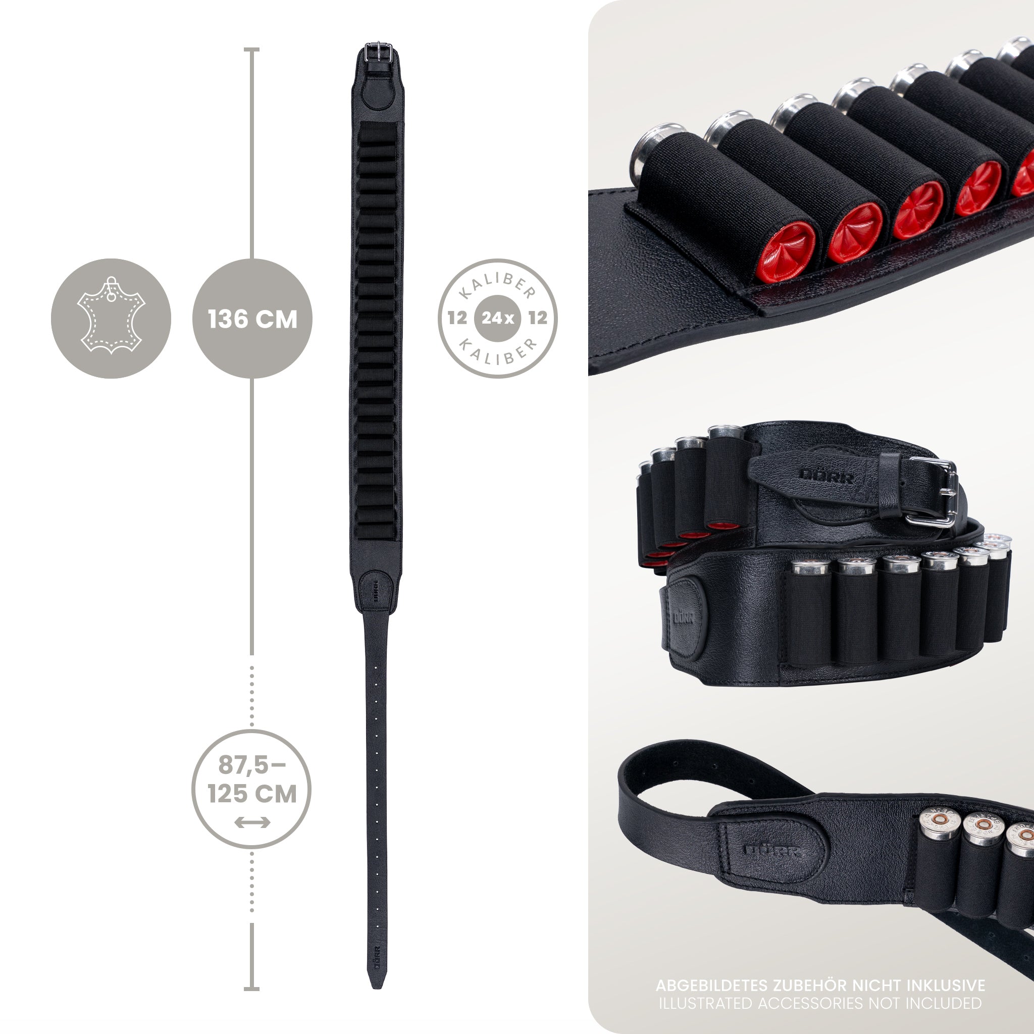 DÖRR Patronengürtel schwarz, echtes Leder, Gesamtlänge 136 cm, Tragelänge 87,5 bis 125 cm, Detailansicht mit Schrotpatronen
