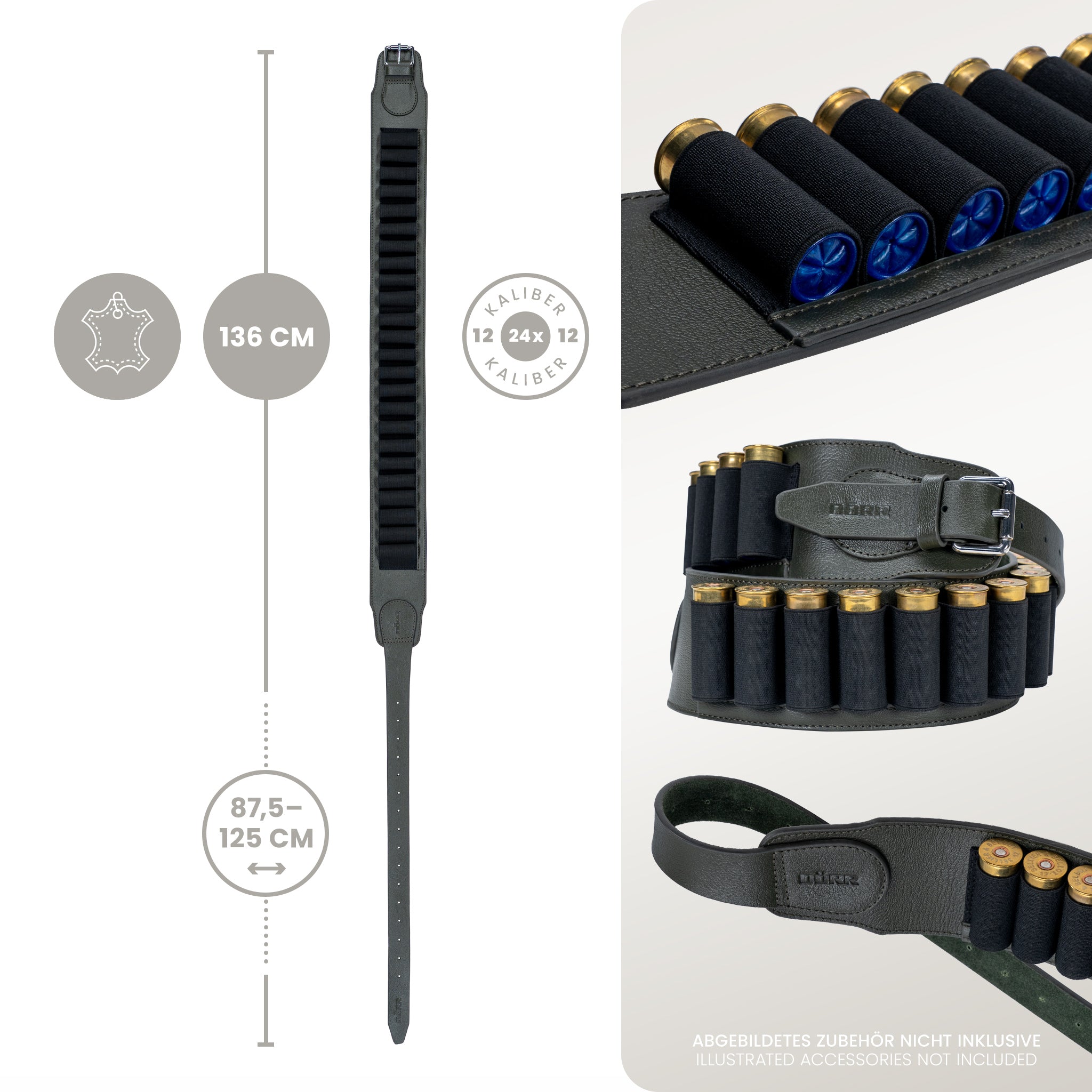 DÖRR Patronengürtel olivgrünem, echtes Leder, Gesamtlänge 136 cm, Tragelänge 87,5 bis 125 cm, Detailansicht mit Schrotpatronen