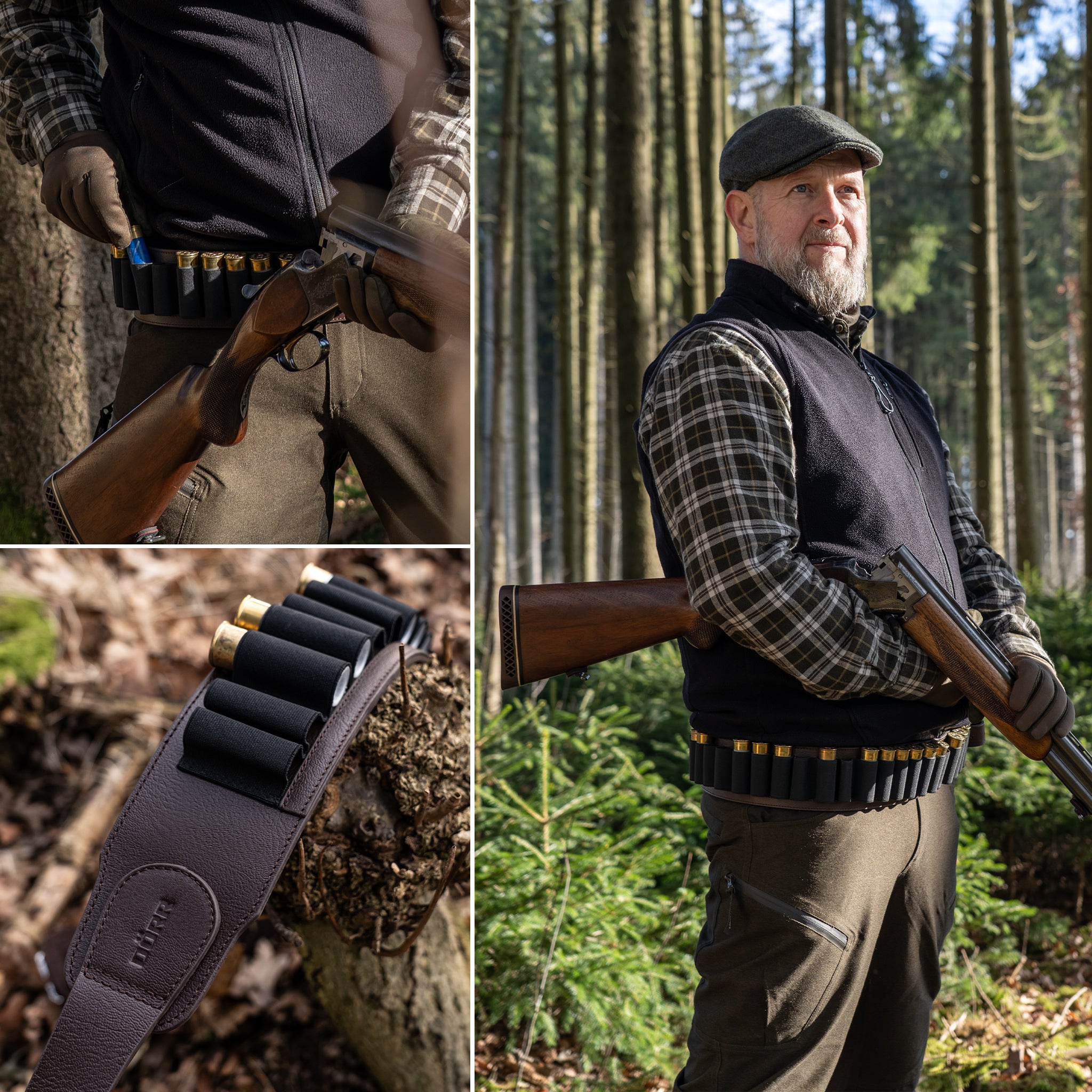 DÖRR Leder-Patronengürtel braun an der Hüfte getragen, mit Schrotpatronen bestückt, im Jagdeinsatz