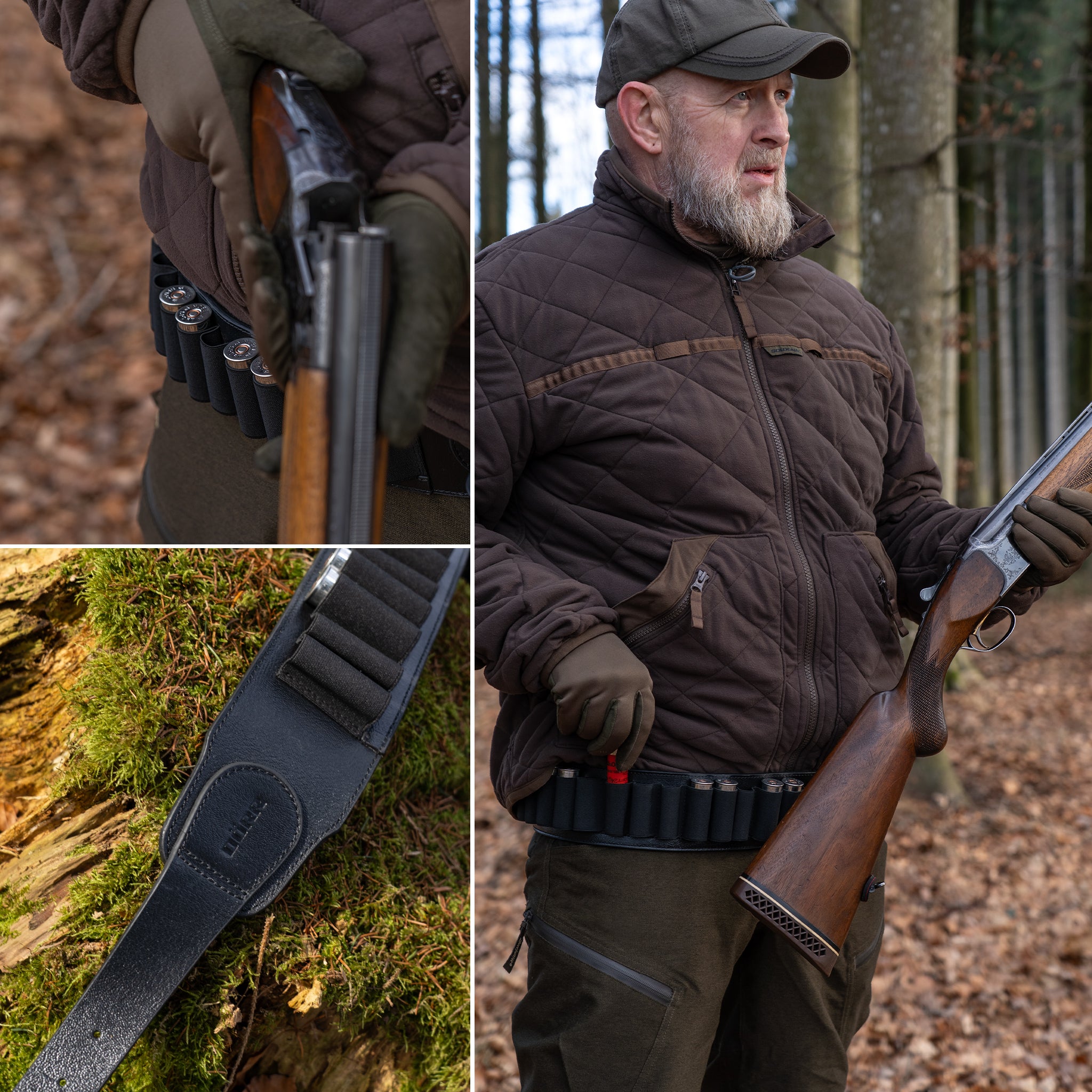 DÖRR Leder-Patronengürtel schwarz an der Hüfte getragen, mit Schrotpatronen bestückt, im Jagdeinsatz