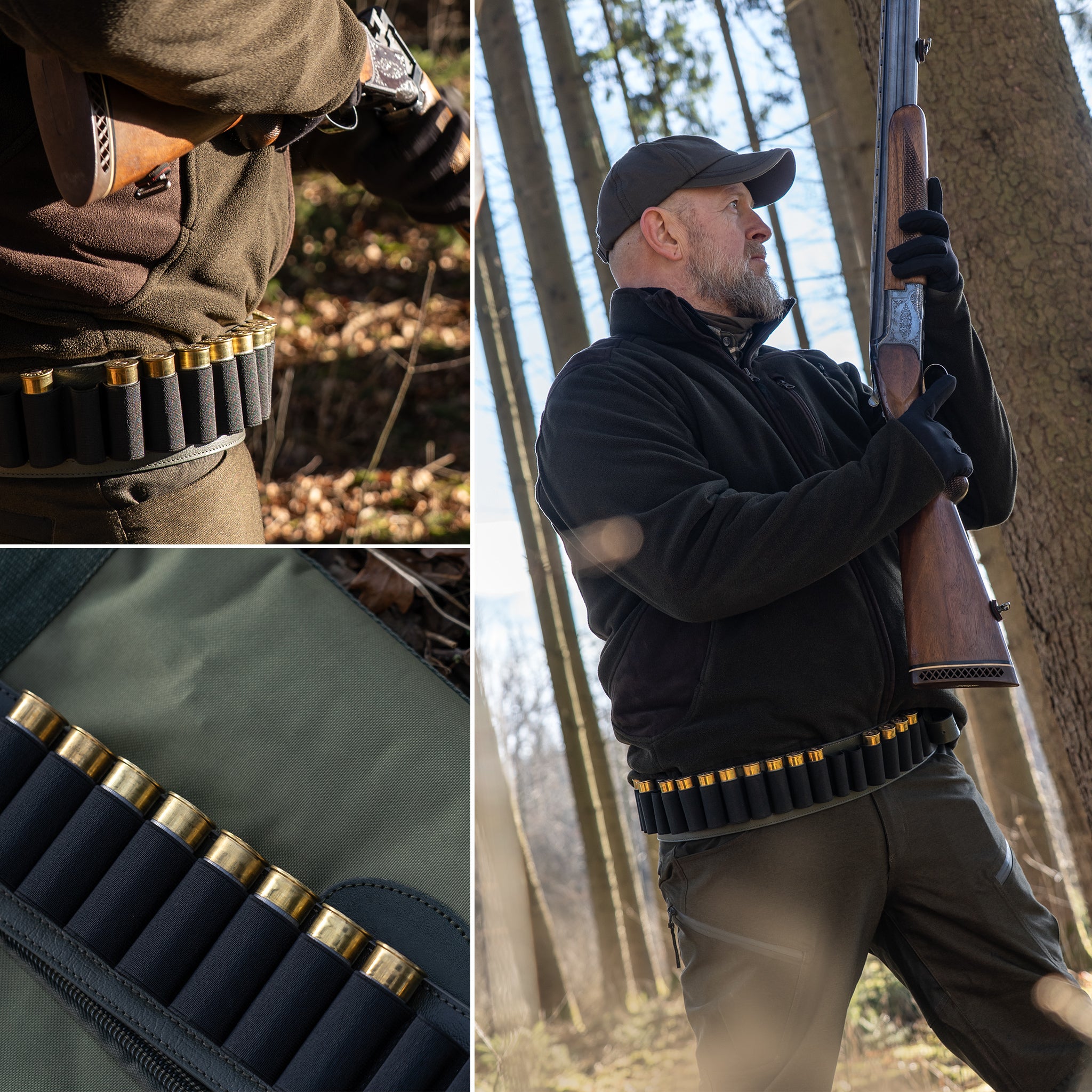 DÖRR Leder-Patronengürtel schwarz an der Hüfte getragen, mit Schrotpatronen bestückt, im Jagdeinsatz