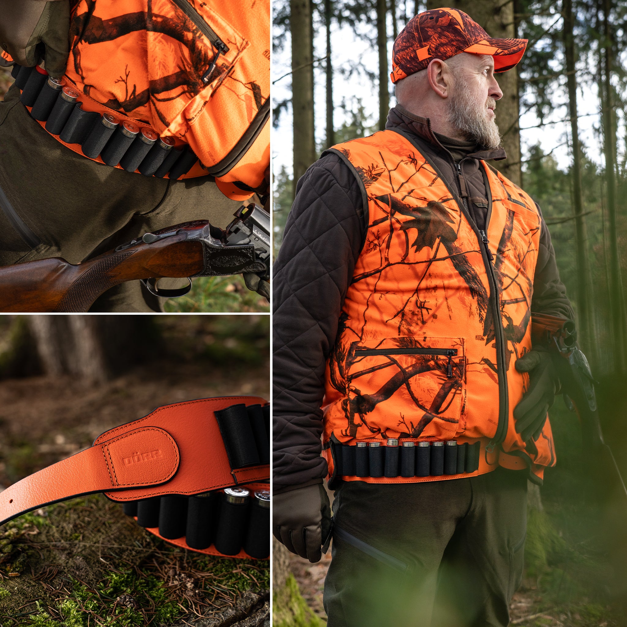 DÖRR Leder-Patronengürtel orange an der Hüfte getragen, mit Schrotpatronen bestückt, im Jagdeinsatz