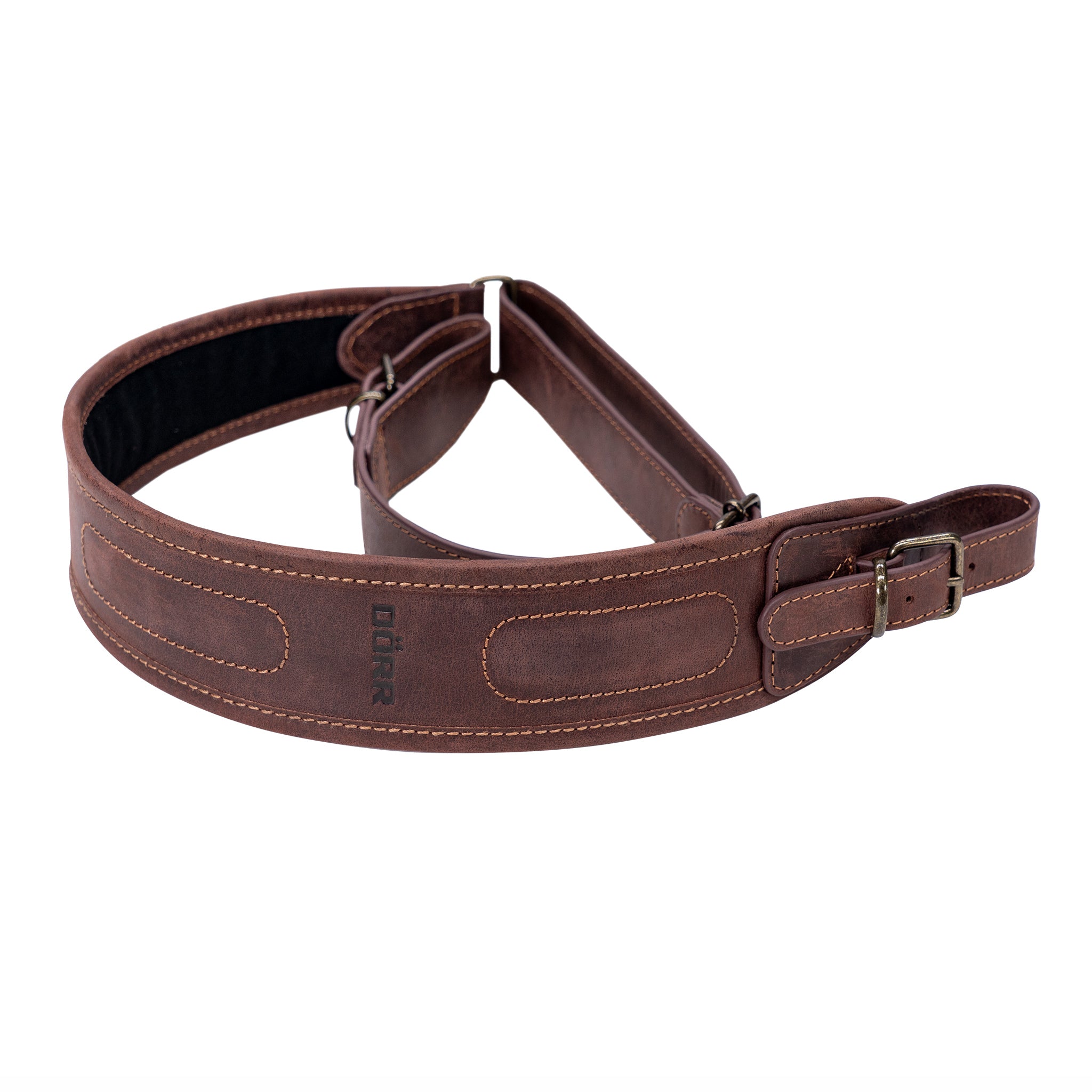 DÖRR Gewehrriemen aus braunem Leder, längenverstellbar von 100 bis 120 cm, mit gepolsterter Schulterauflage und Metallschnallen