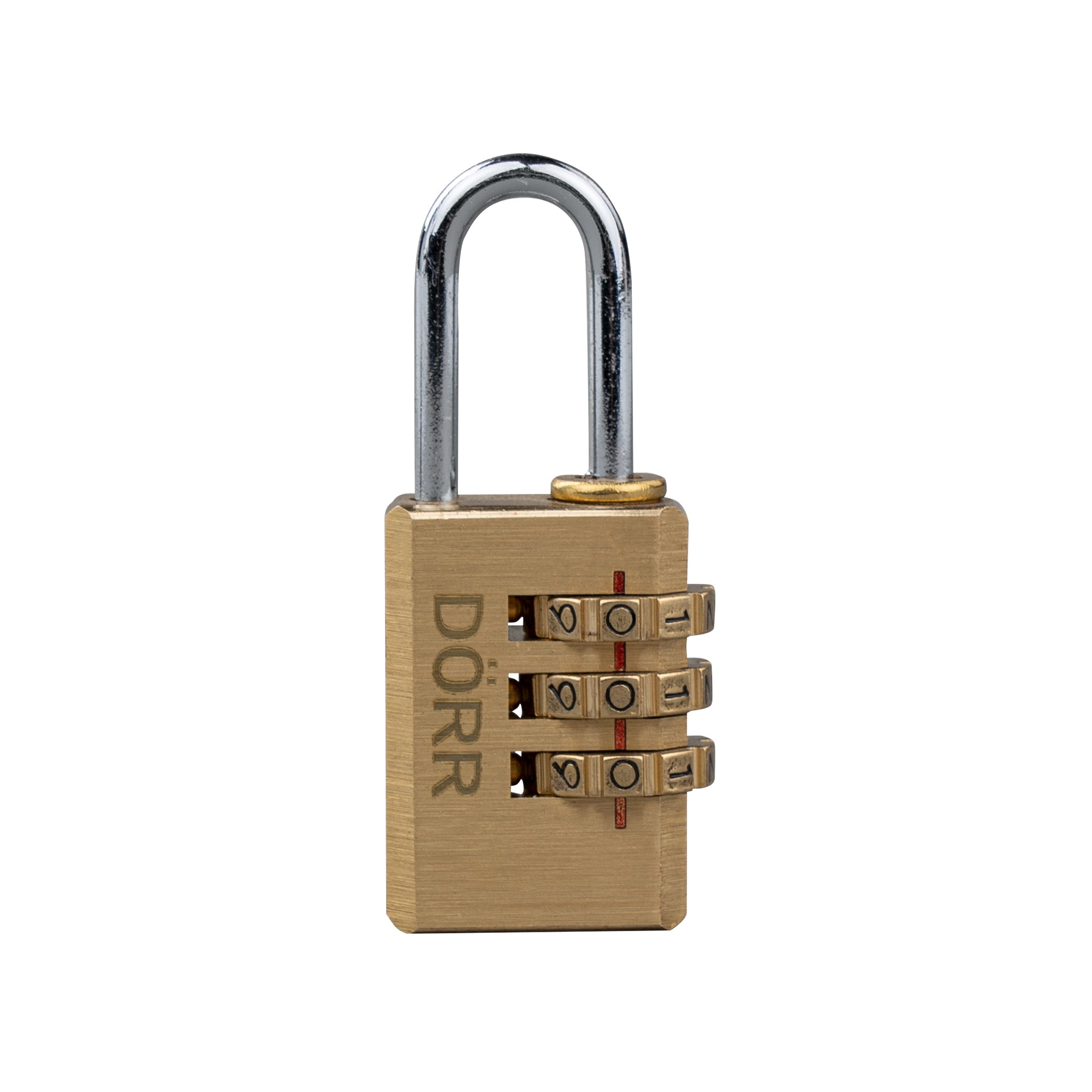 DÖRR Zahlenschloss aus Messing mit 3-stelliger Zahlenkombination, kompakte Bauform in Frontansicht.