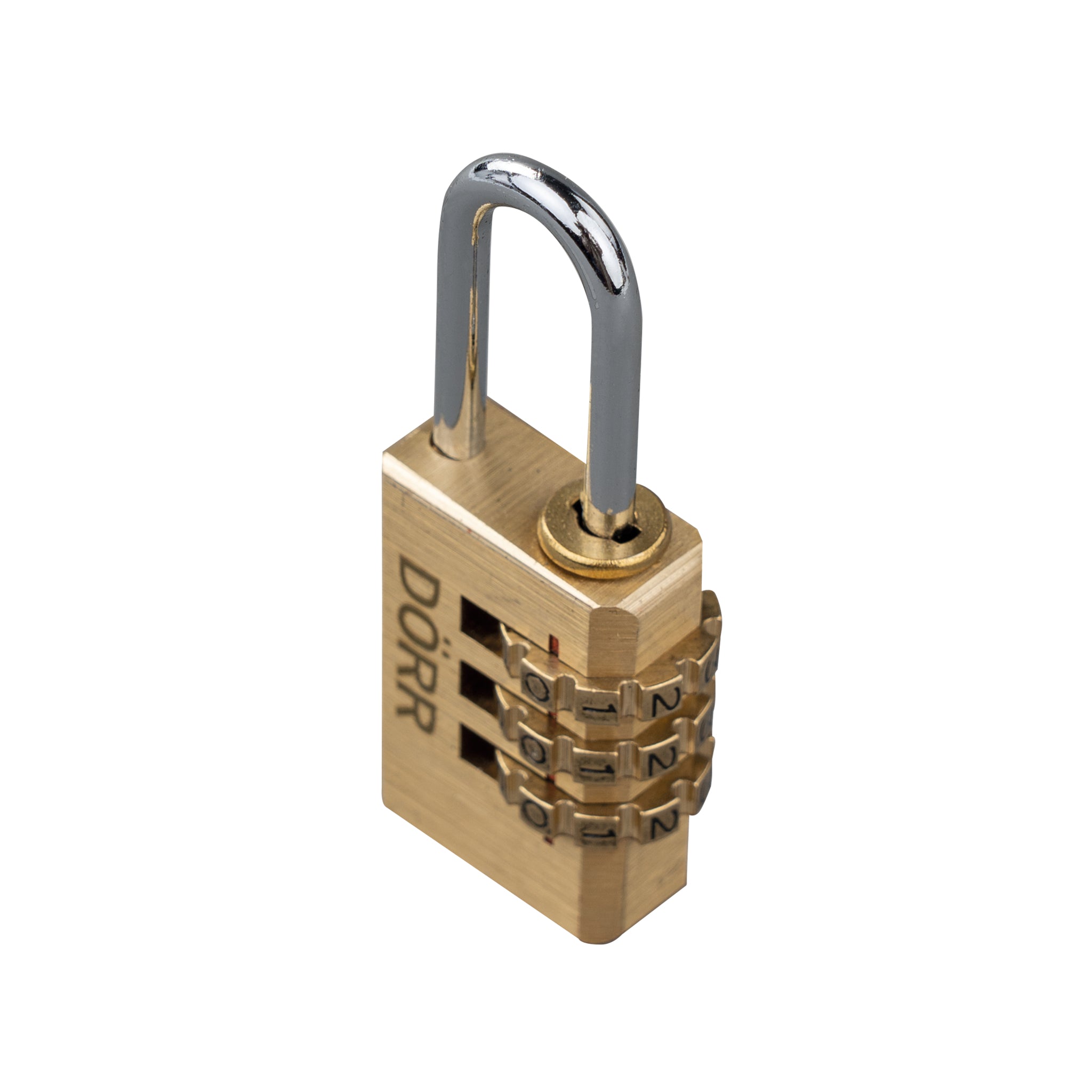 Schrägansicht des DÖRR Messing-Zahlenschlosses mit geschlossenem Bügel und Einstellrädern.