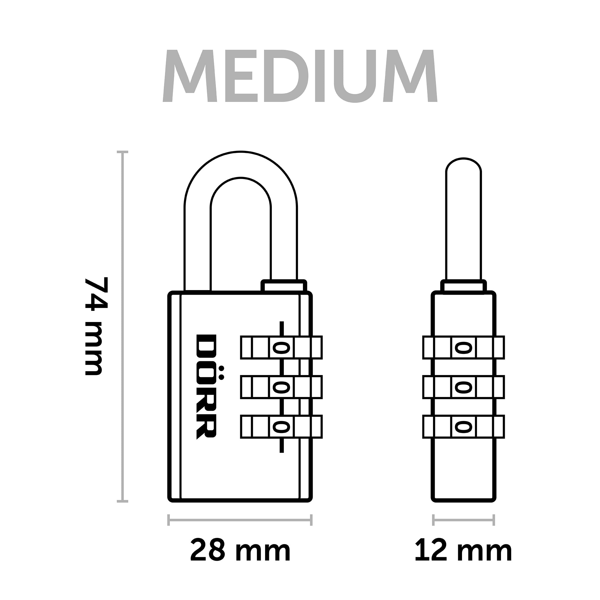 Technische Zeichnung des DÖRR Zahlenschlosses Medium mit Maßen 74 mm Höhe, 28 mm Breite und 12 mm Tiefe.