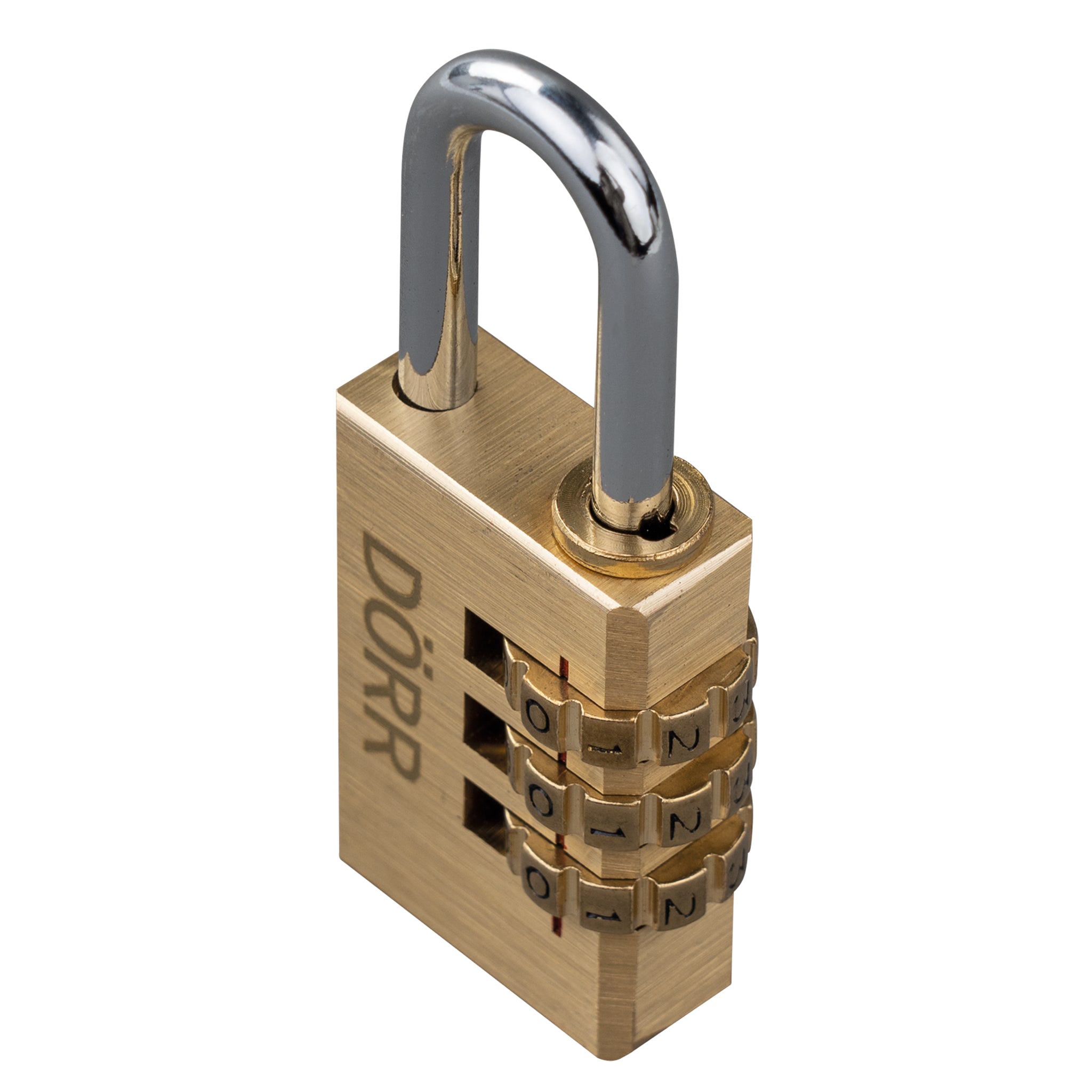 Schrägansicht des DÖRR Messing-Zahlenschlosses mit geschlossenem Bügel und Einstellrädern.