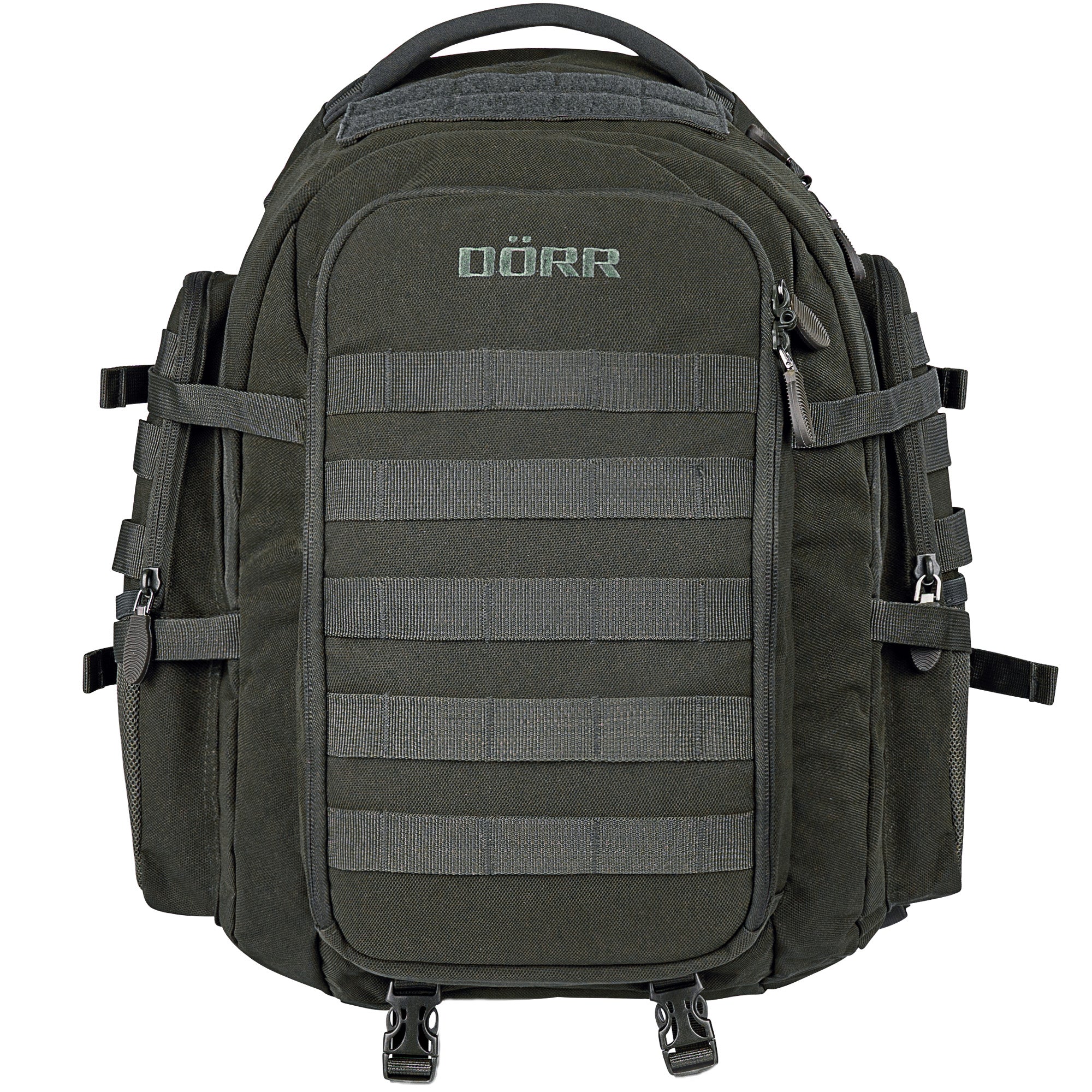 DÖRR ProTac taktischer Outdoor-Rucksack oliv mit MOLLE-System, Frontansicht mit Außentasche, Seitenfächern und Tragegriff