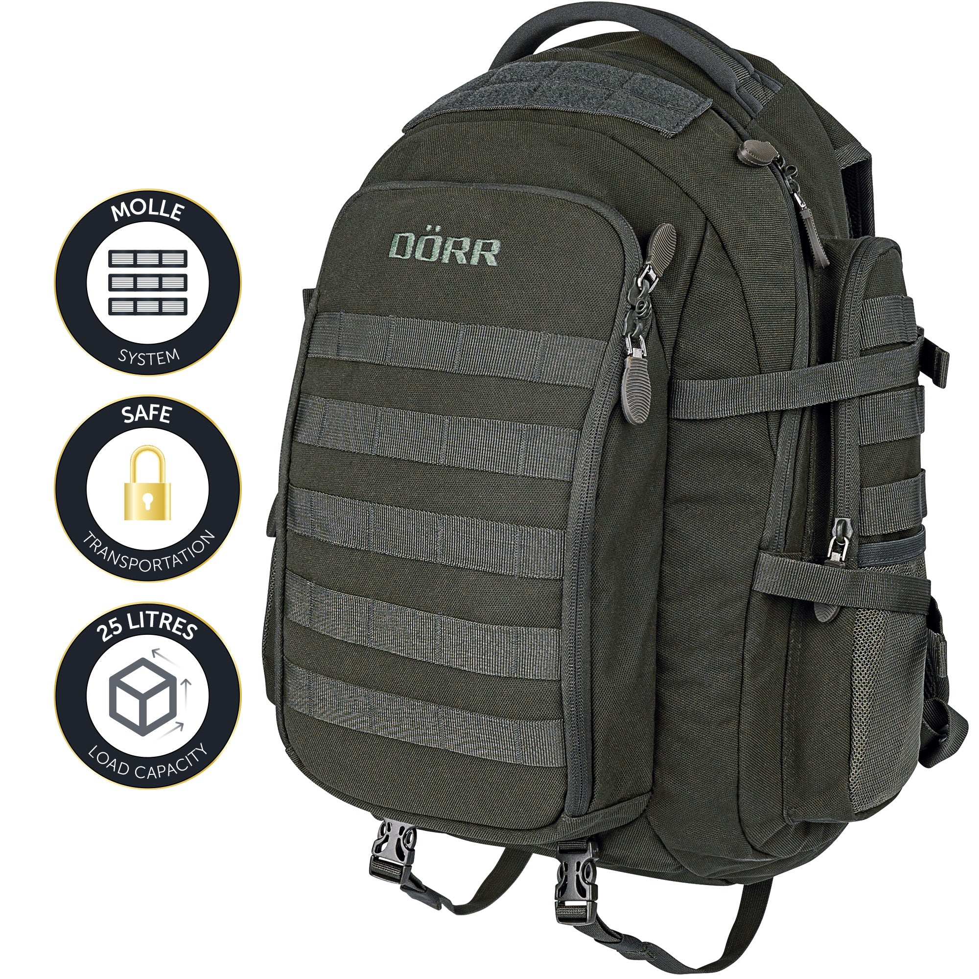 DÖRR ProTac taktischer Outdoor-Rucksack oliv mit MOLLE-System, Außentaschen, Mehrzweckschlaufen und abschließbaren Reißverschlüssen in Schrägansicht