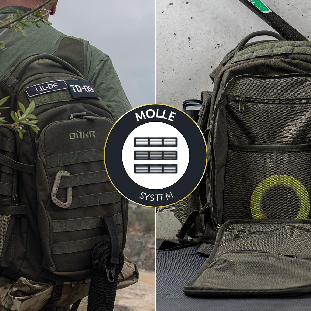 DÖRR ProTac taktischer Outdoor-Rucksack oliv mit MOLLE-System, Detailansicht der MOLLE-Schlaufen und der geöffneten Fronttasche