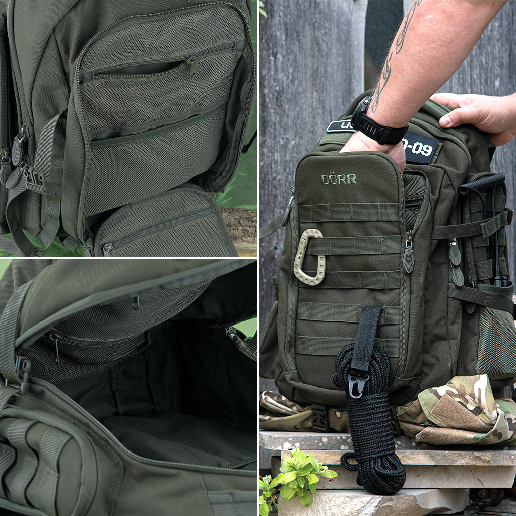 DÖRR ProTac taktischer Outdoor-Rucksack oliv mit MOLLE-System, Detailansicht der Außentasche, des Innenraums und der Zubehörfächer