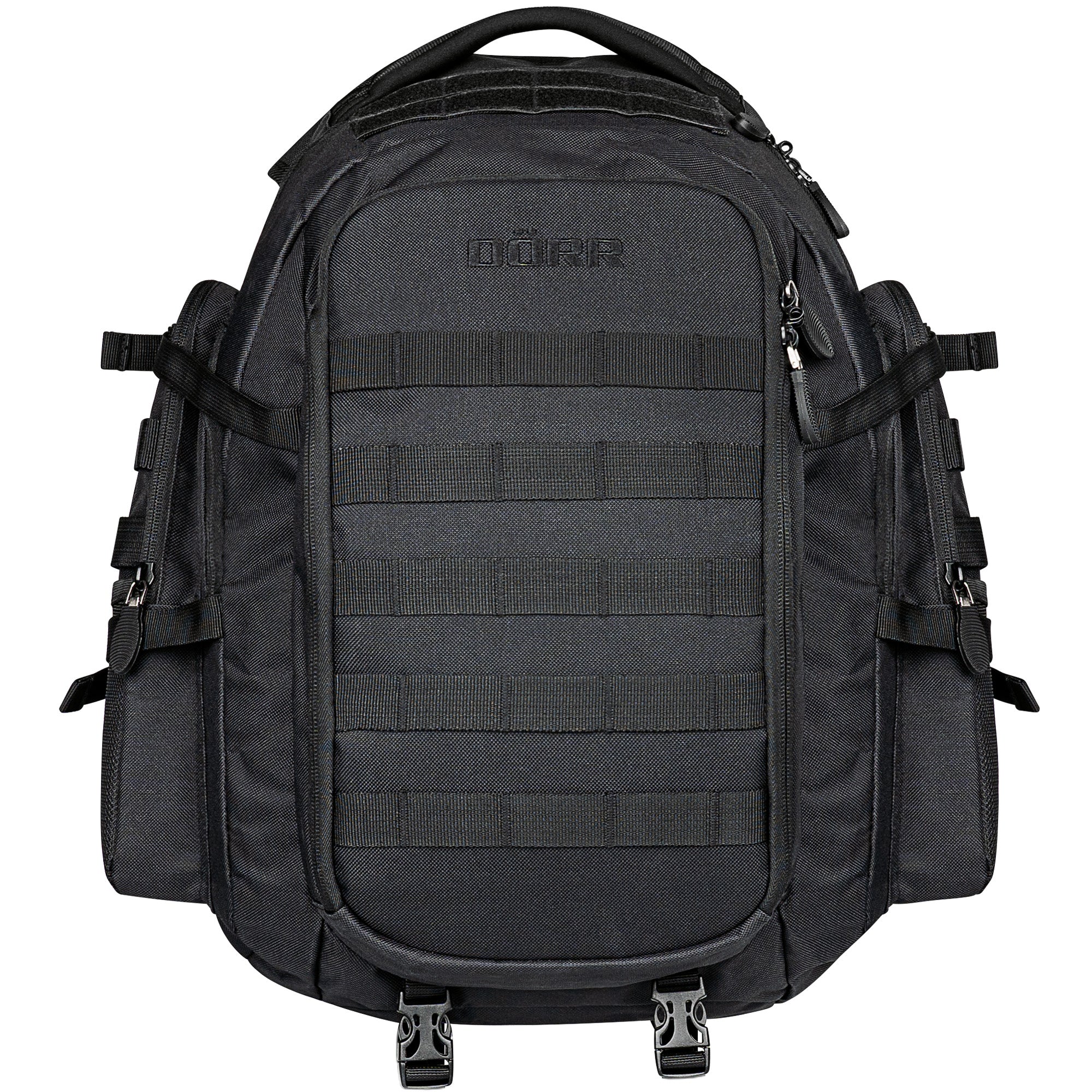 DÖRR ProTac taktischer Outdoor-Rucksack schwarz mit MOLLE-System, Frontansicht mit Außentasche, Seitenfächern und Tragegriff