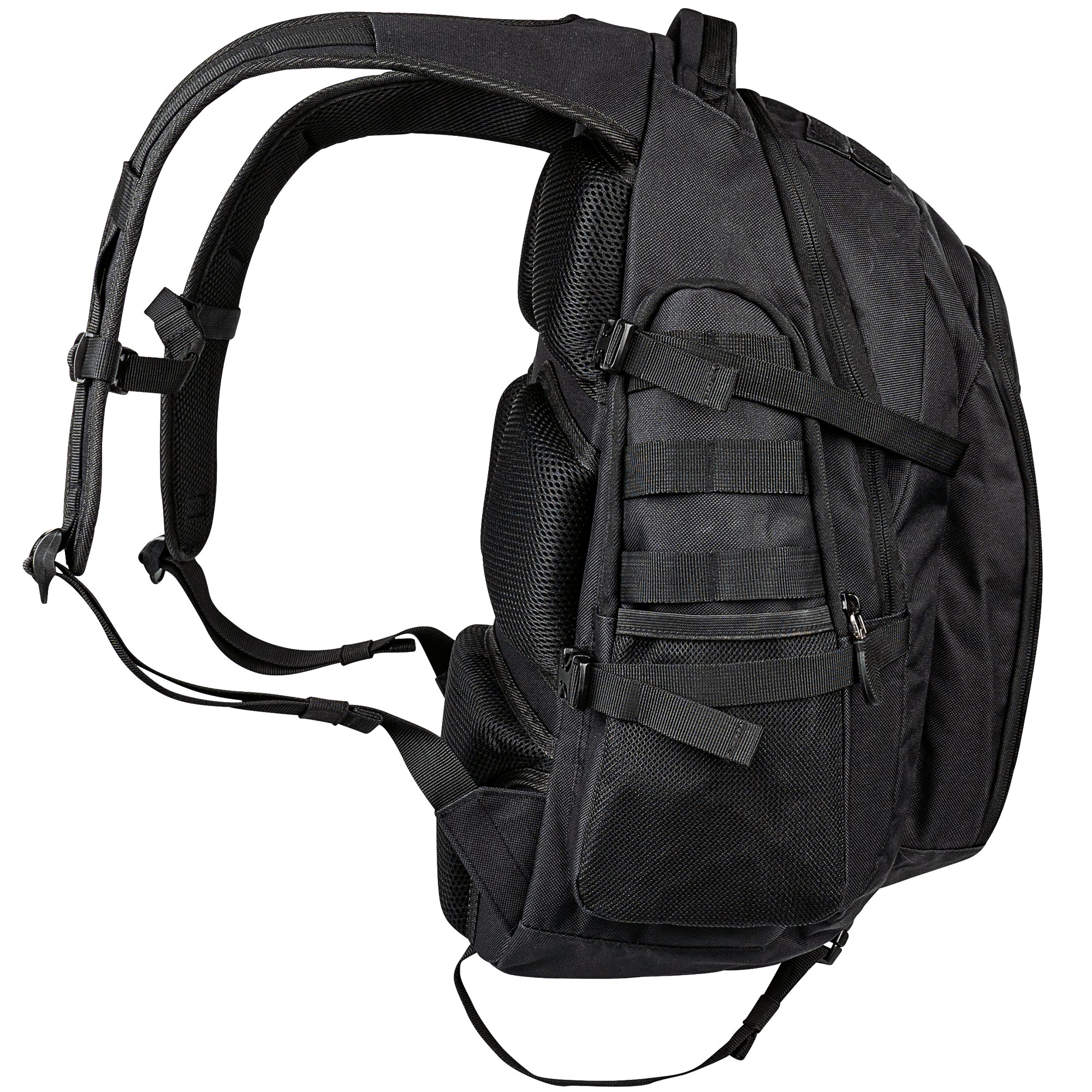 DÖRR ProTac taktischer Outdoor-Rucksack schwarz mit MOLLE-System, Seitenansicht mit verstellbaren Schultergurten, Brustgurt und Seitentaschen