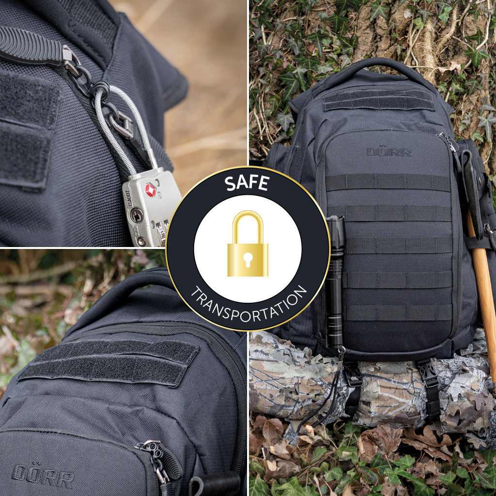 DÖRR ProTac taktischer Outdoor-Rucksack schwarz mit MOLLE-System und abschließbaren Reißverschlüssen, Detailansicht der Mehrzweckschlaufen und Klettbänder