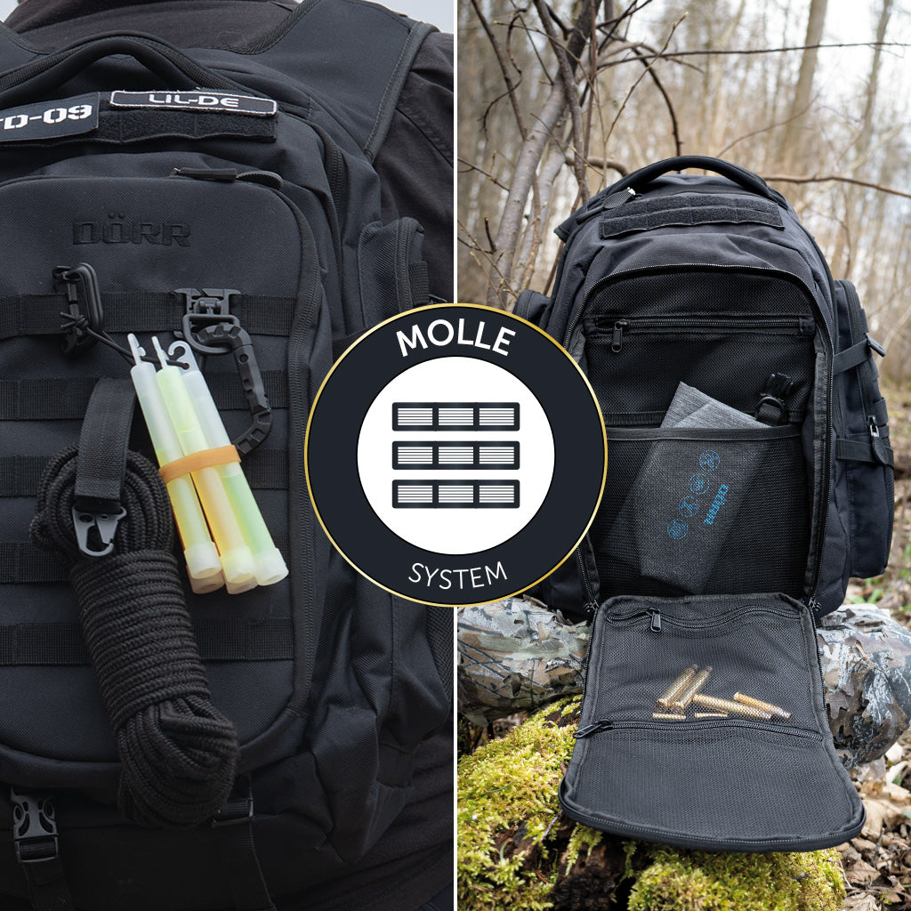 DÖRR ProTac taktischer Outdoor-Rucksack schwarz mit MOLLE-System, Detailansicht der MOLLE-Schlaufen und der geöffneten Fronttasche