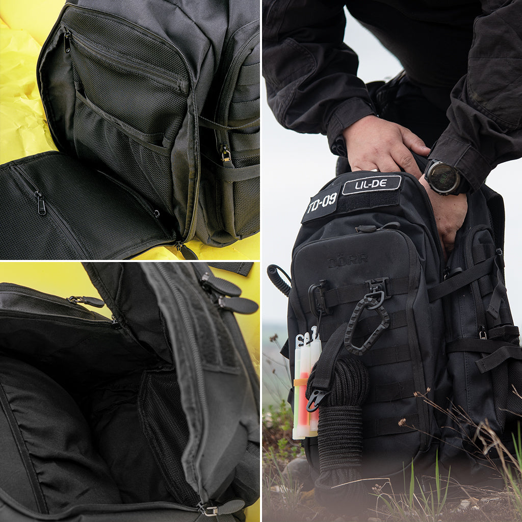 DÖRR ProTac taktischer Outdoor-Rucksack schwarz mit MOLLE-System, Detailansicht der Außentasche, des Innenraums und der Zubehörfächer
