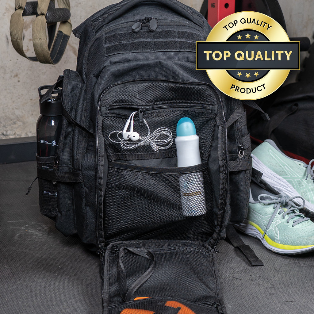 DÖRR ProTac taktischer Outdoor-Rucksack schwarz mit MOLLE-System, Detailansicht der geöffneten Fronttasche mit Zubehörnetzen