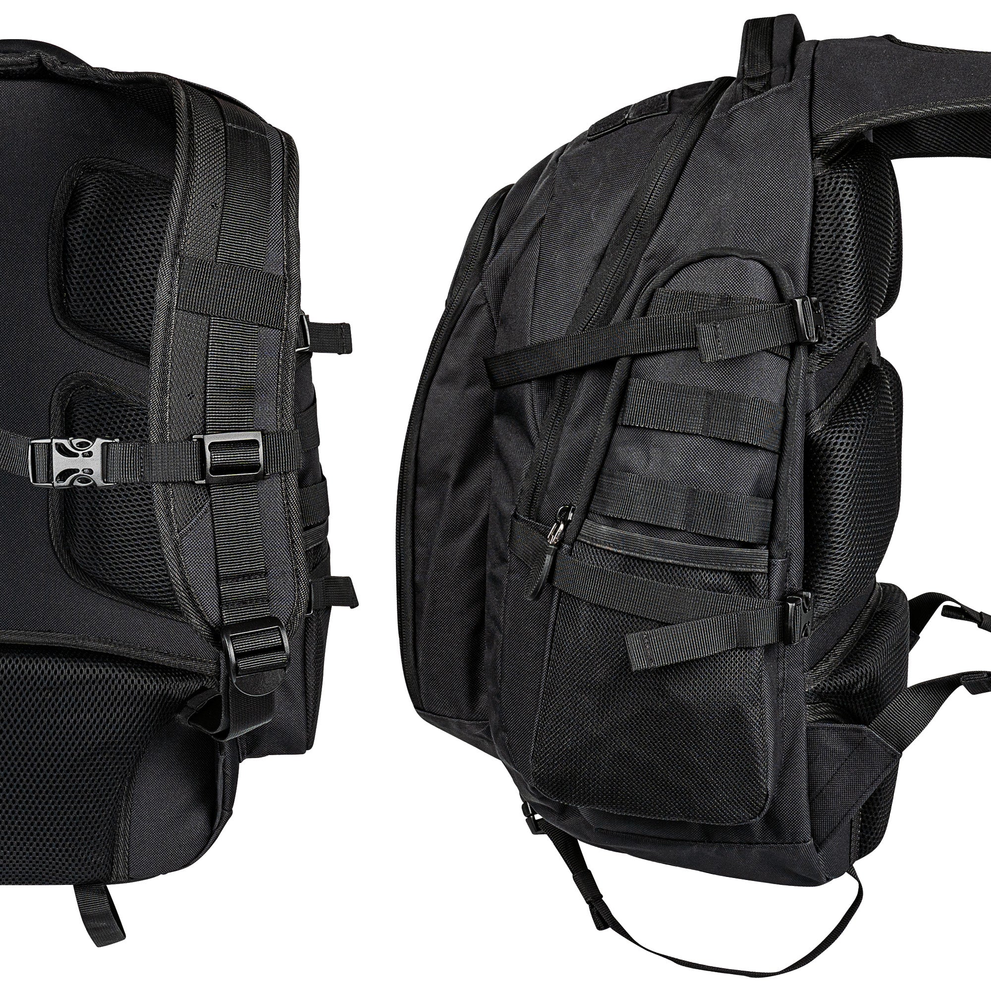 DÖRR ProTac taktischer Outdoor-Rucksack schwarz mit MOLLE-System, Rück- und Seitenansicht mit gepolstertem Rückenteil und verstellbaren Schultergurten