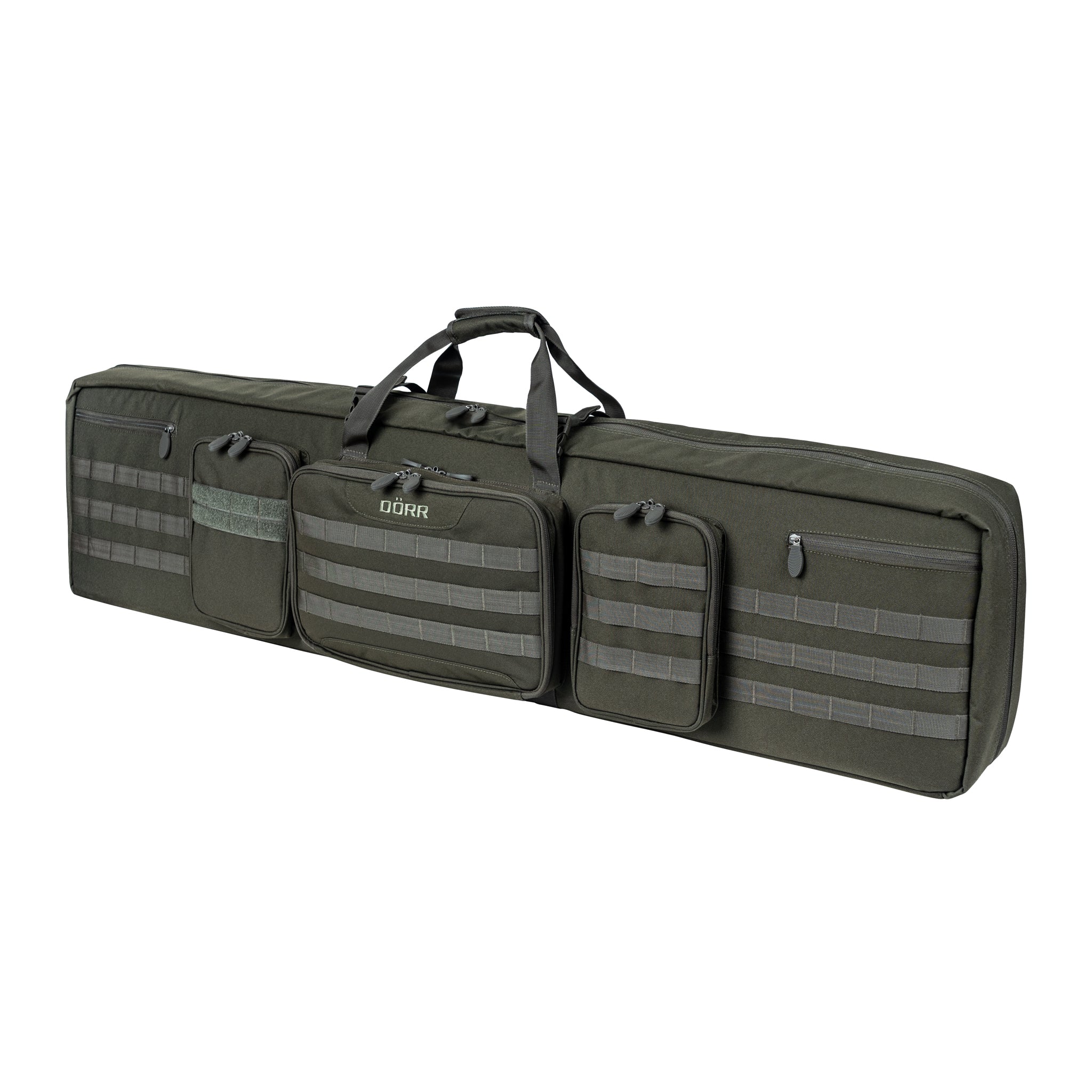 DÖRR ProTac Doppel-Gewehrtasche oliv mit MOLLE-System und mehreren Außentaschen, taktische Langwaffentasche in Schrägansicht