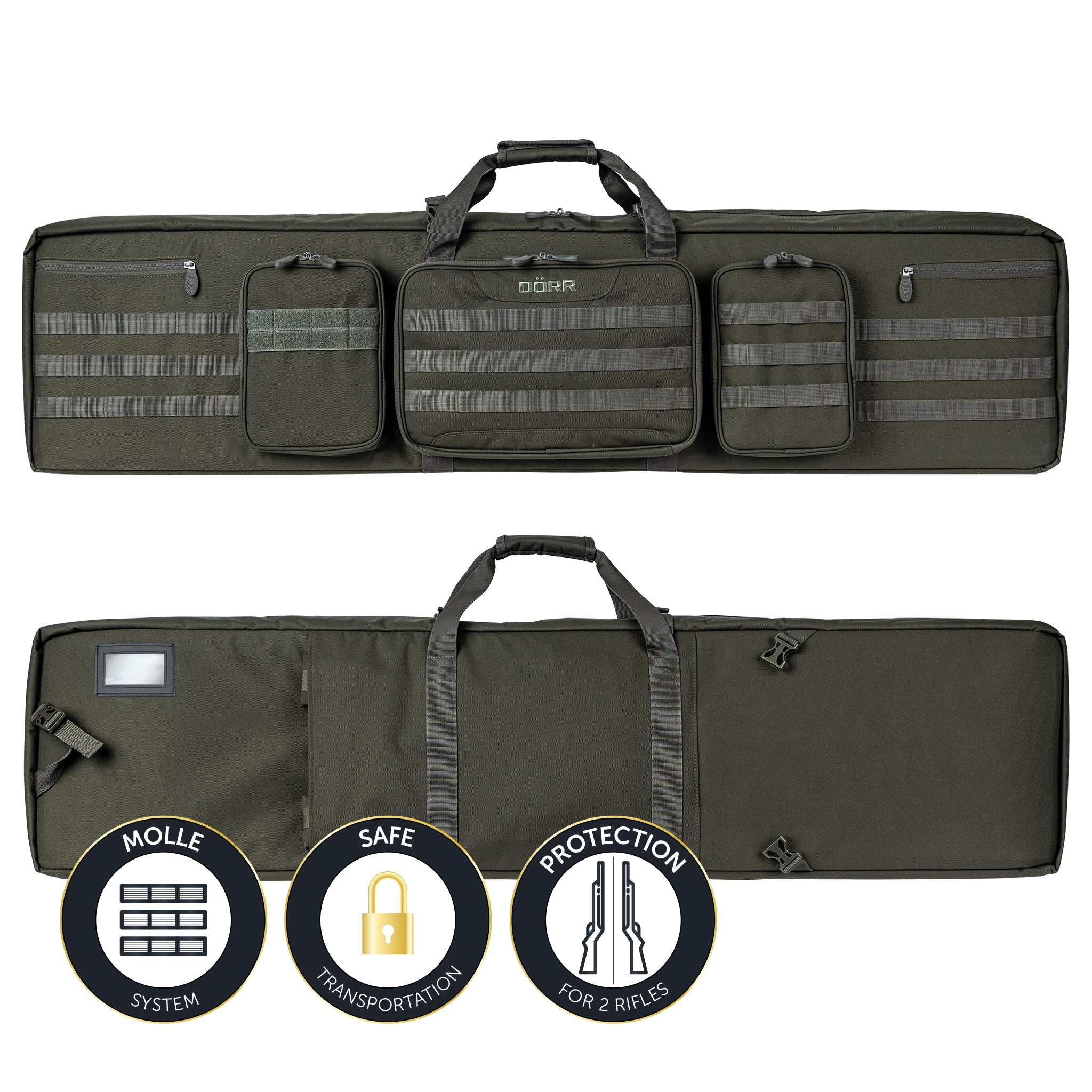 DÖRR ProTac Doppel-Gewehrtasche oliv mit MOLLE-System, Außentaschen und Tragegriff, Vorder- und Rückansicht der taktischen Langwaffentasche