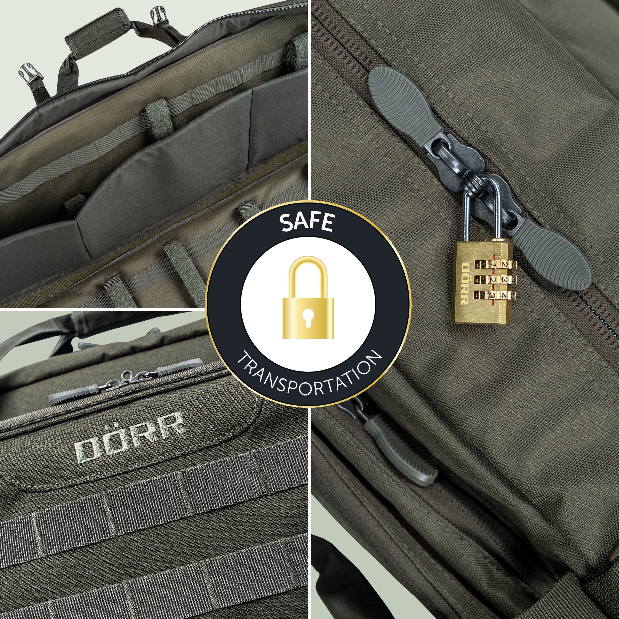 DÖRR ProTac Doppel-Gewehrtasche oliv mit MOLLE-System, Detailansicht der abschließbaren Reißverschlüsse und des gepolsterten Innenraums