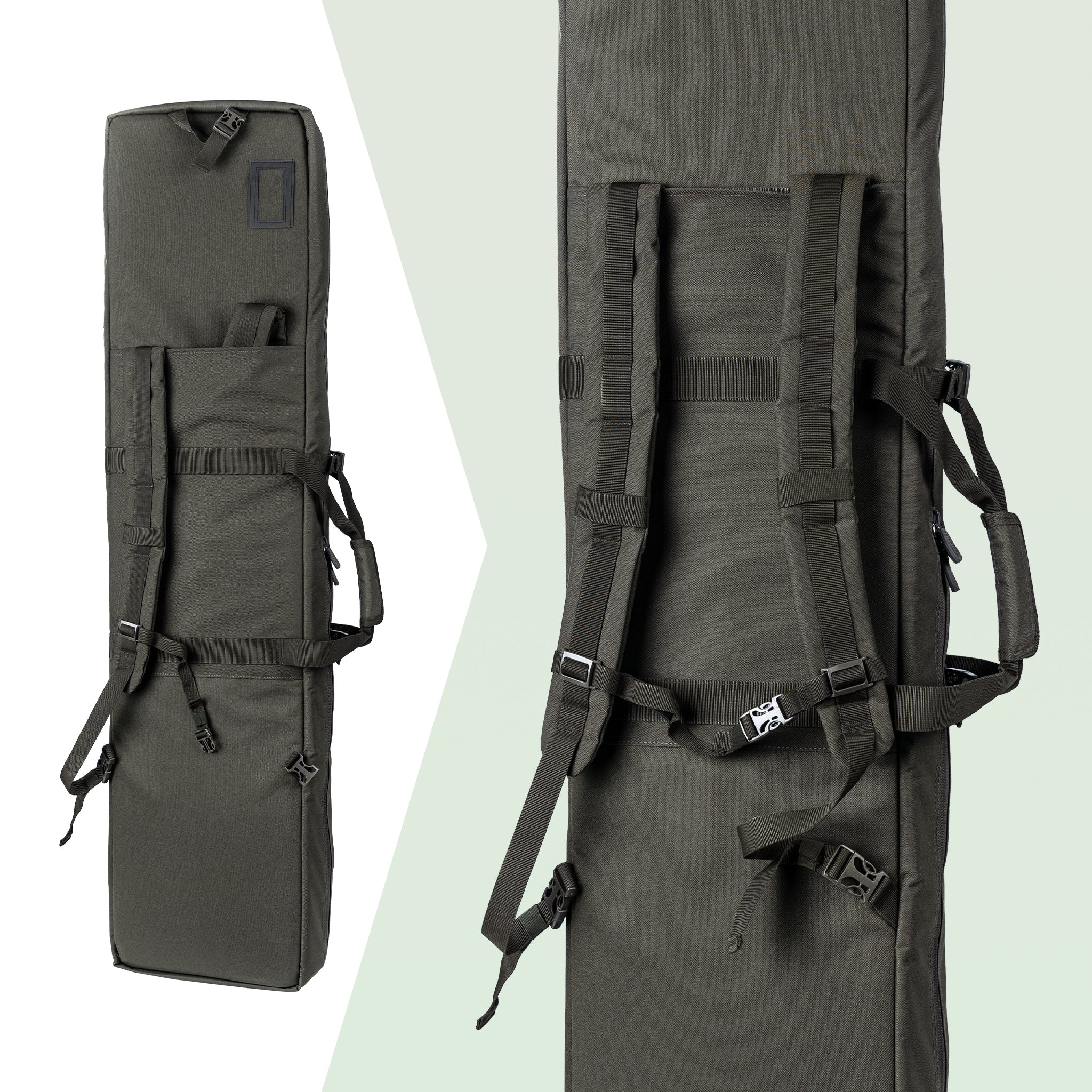 DÖRR ProTac Doppel-Gewehrtasche oliv, Rückansicht mit verstaubaren Rucksackgurten, Tragegriff und Namensschildfach