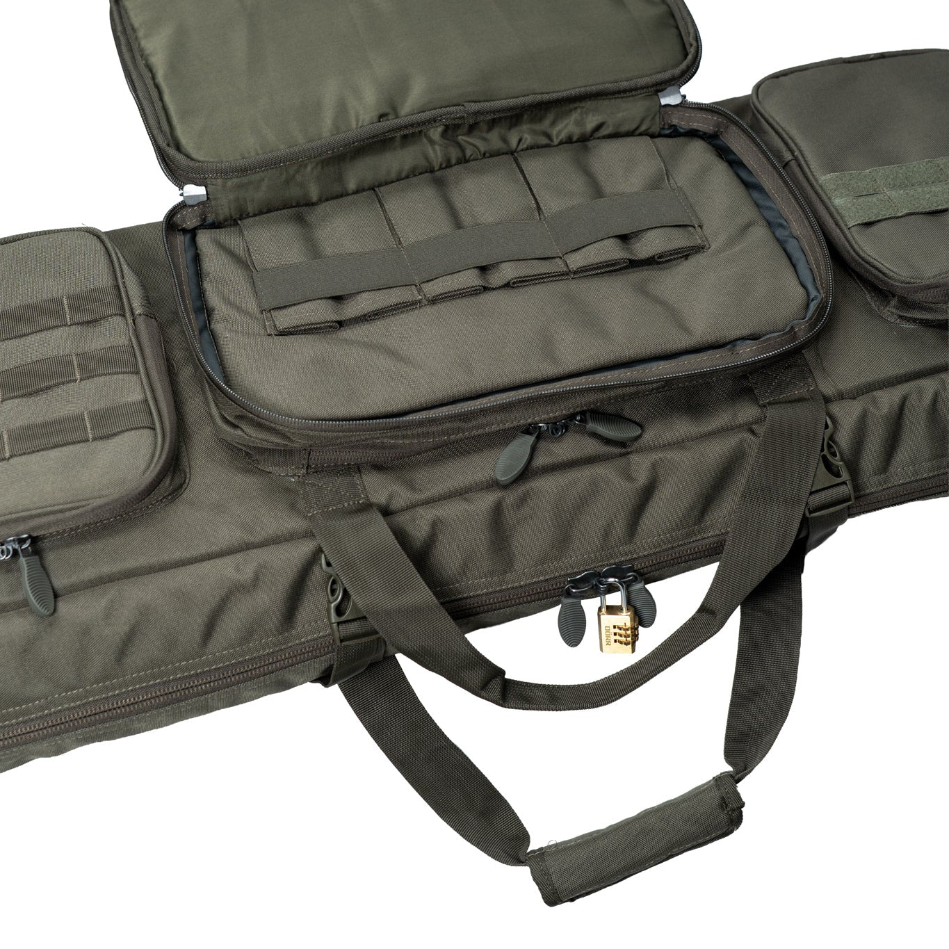 DÖRR ProTac Doppel-Gewehrtasche oliv, Detailansicht der geöffneten Fronttasche mit Zubehörschlaufen und abschließbaren Reißverschlüssen