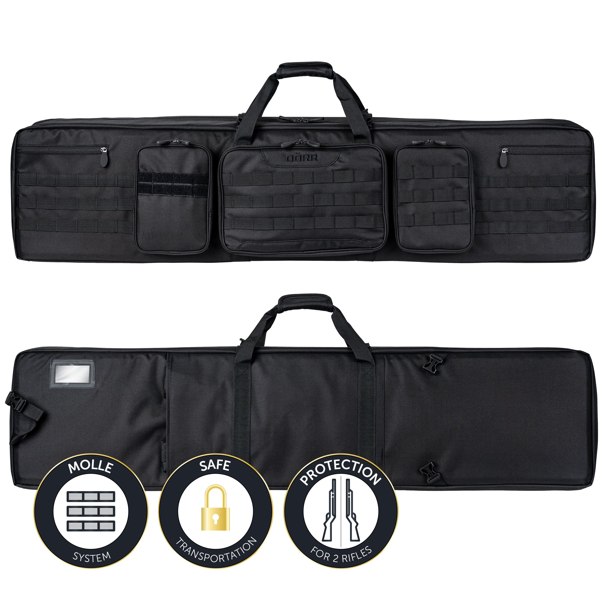 DÖRR ProTac Doppel-Gewehrtasche schwarz mit MOLLE-System, Außentaschen und Tragegriff, Vorder- und Rückansicht der taktischen Langwaffentasche