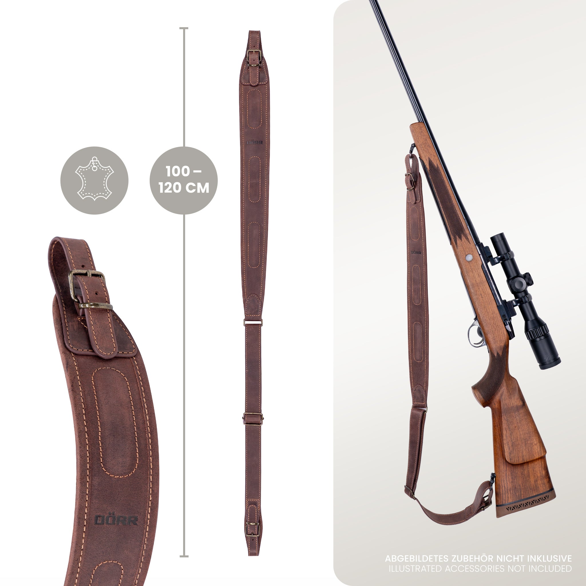 DÖRR Gewehrriemen braun, echtes Leder, Längenangabe 100–120 cm, Detailansicht der Metallschnalle, am Gewehr befestigt