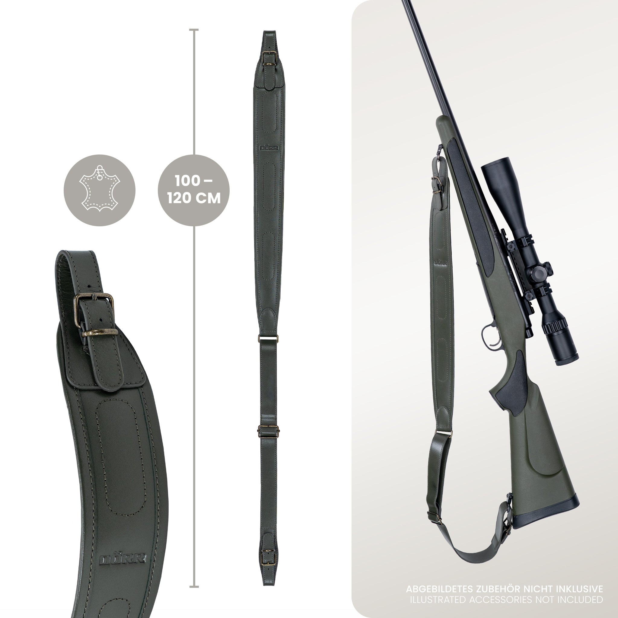 DÖRR Gewehrriemen olivgrün, echtes Leder, Längenangabe 100–120 cm, Detailansicht der Metallschnalle, am Gewehr befestigt
