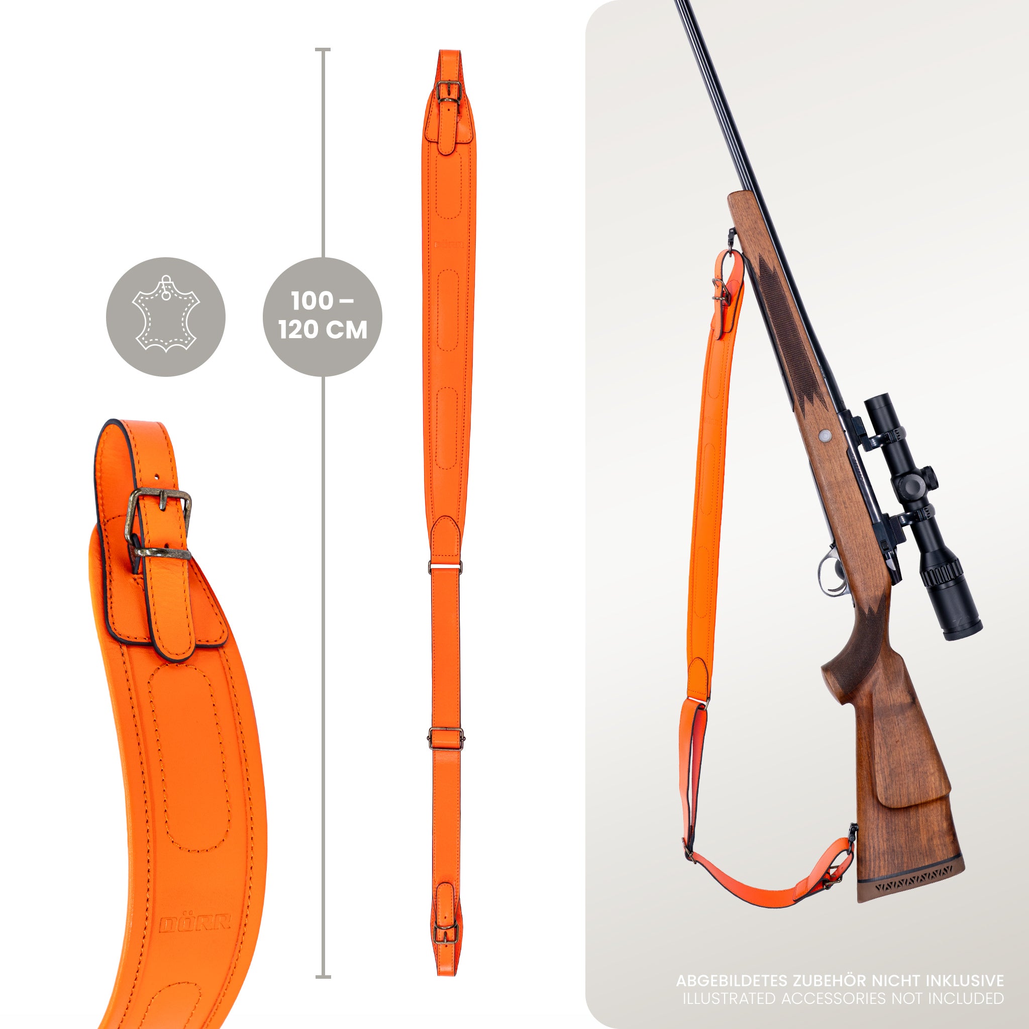 DÖRR Gewehrriemen orange, echtes Leder, Längenangabe 100–120 cm, Detailansicht der Metallschnalle, am Gewehr befestigt