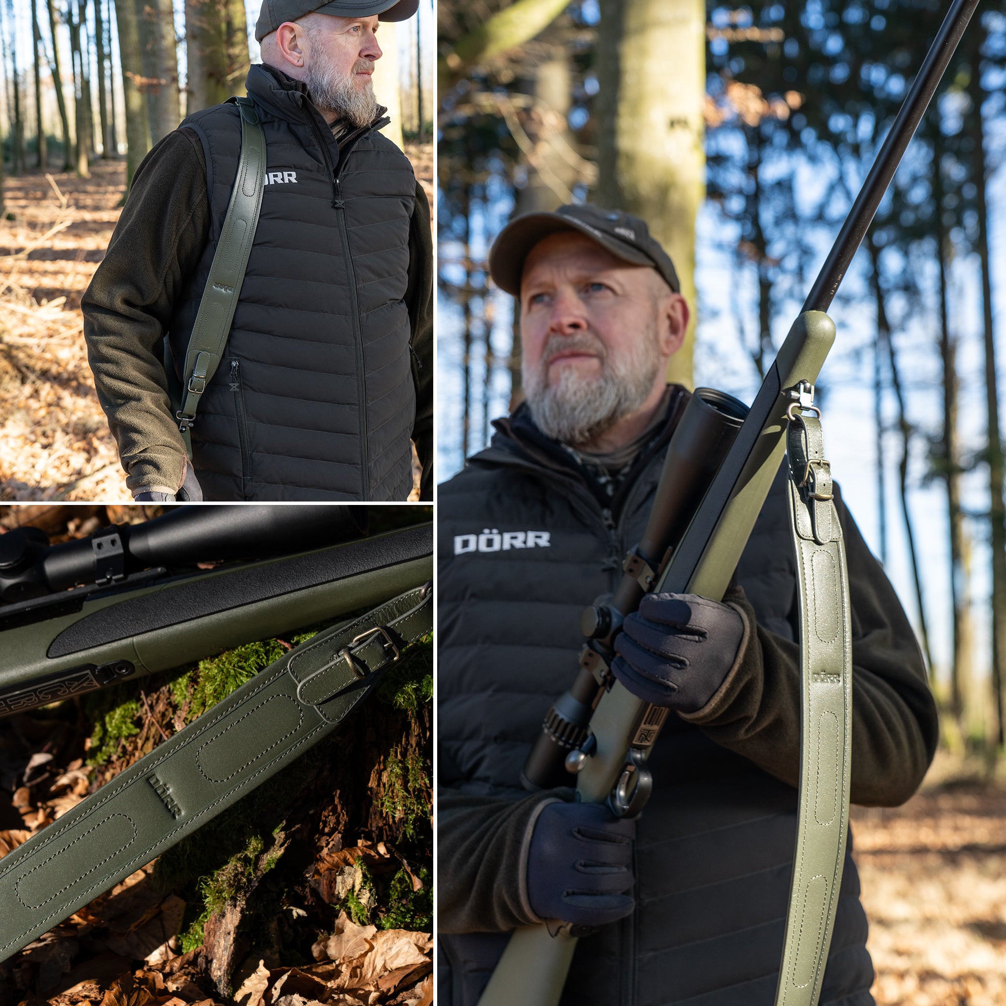 DÖRR Leder-Gewehrriemen olivgrün über der Schulter getragen, am Gewehr befestigt, im Jagdeinsatz