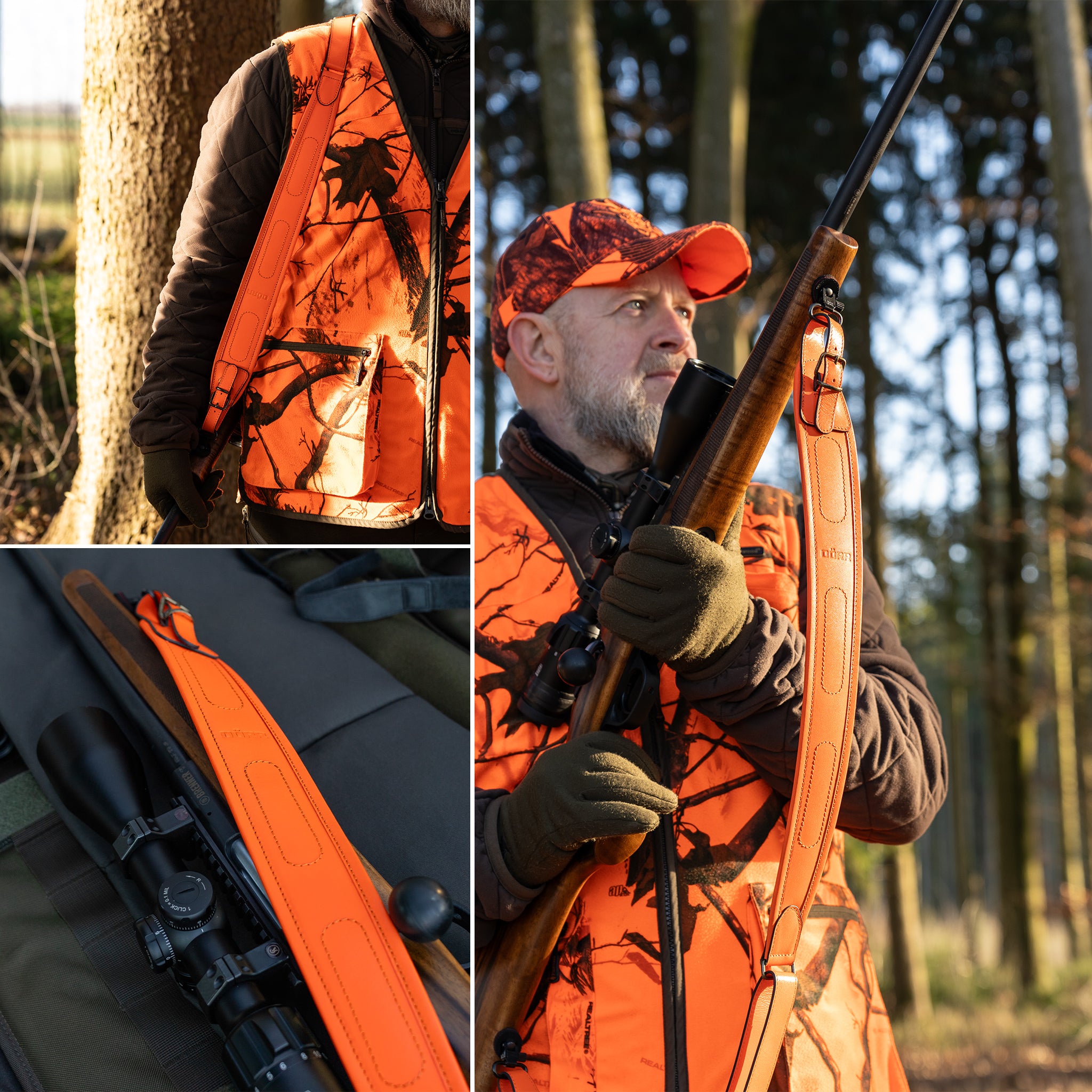 DÖRR Leder-Gewehrriemen orange über der Schulter getragen, am Gewehr befestigt, im Jagdeinsatz