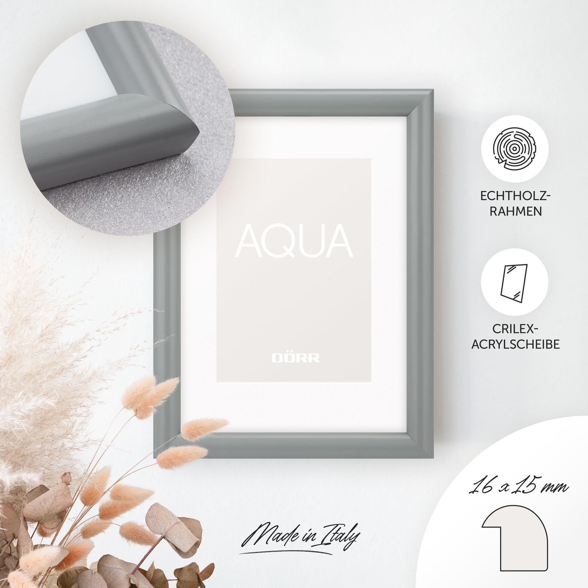 DÖRR Holz-Bilderrahmen Aqua grau, an der Wand aufgehängt, mit Detailansicht der modernen, halbrunden Rahmenleiste