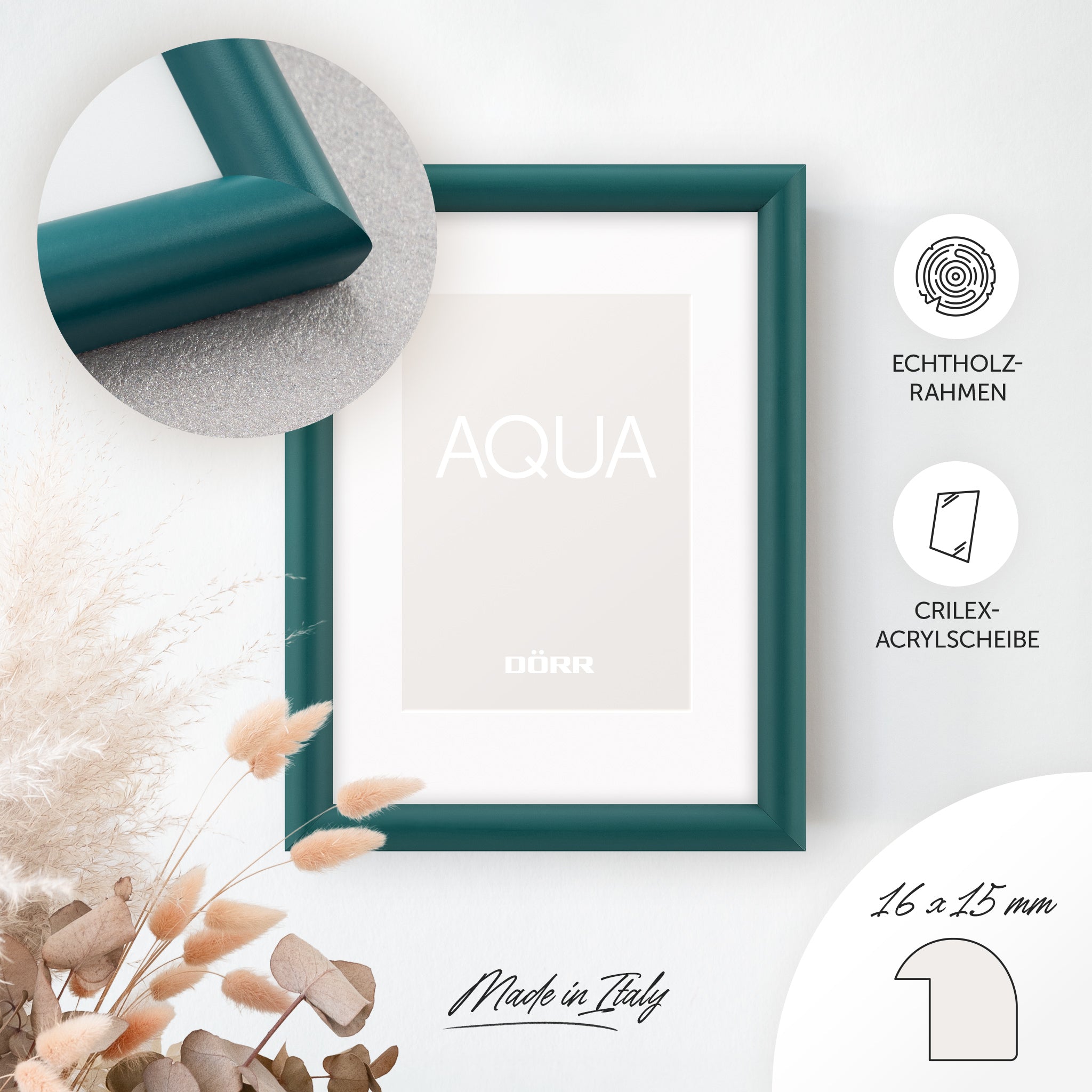 DÖRR Holz-Bilderrahmen Aqua petrol, an der Wand aufgehängt, mit Detailansicht der modernen, halbrunden Rahmenleiste