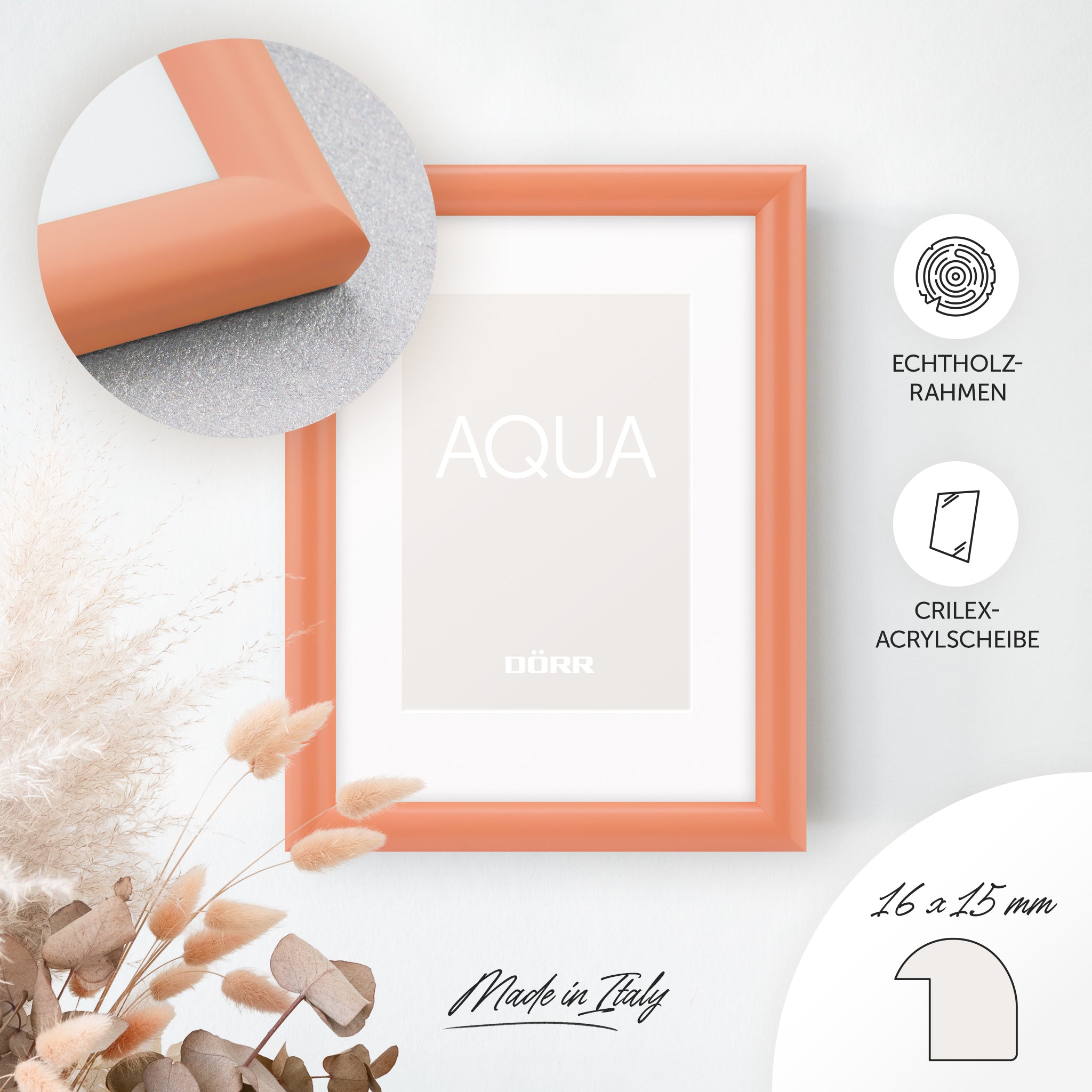 DÖRR Holz-Bilderrahmen Aqua peach, an der Wand aufgehängt, mit Detailansicht der modernen, halbrunden Rahmenleiste