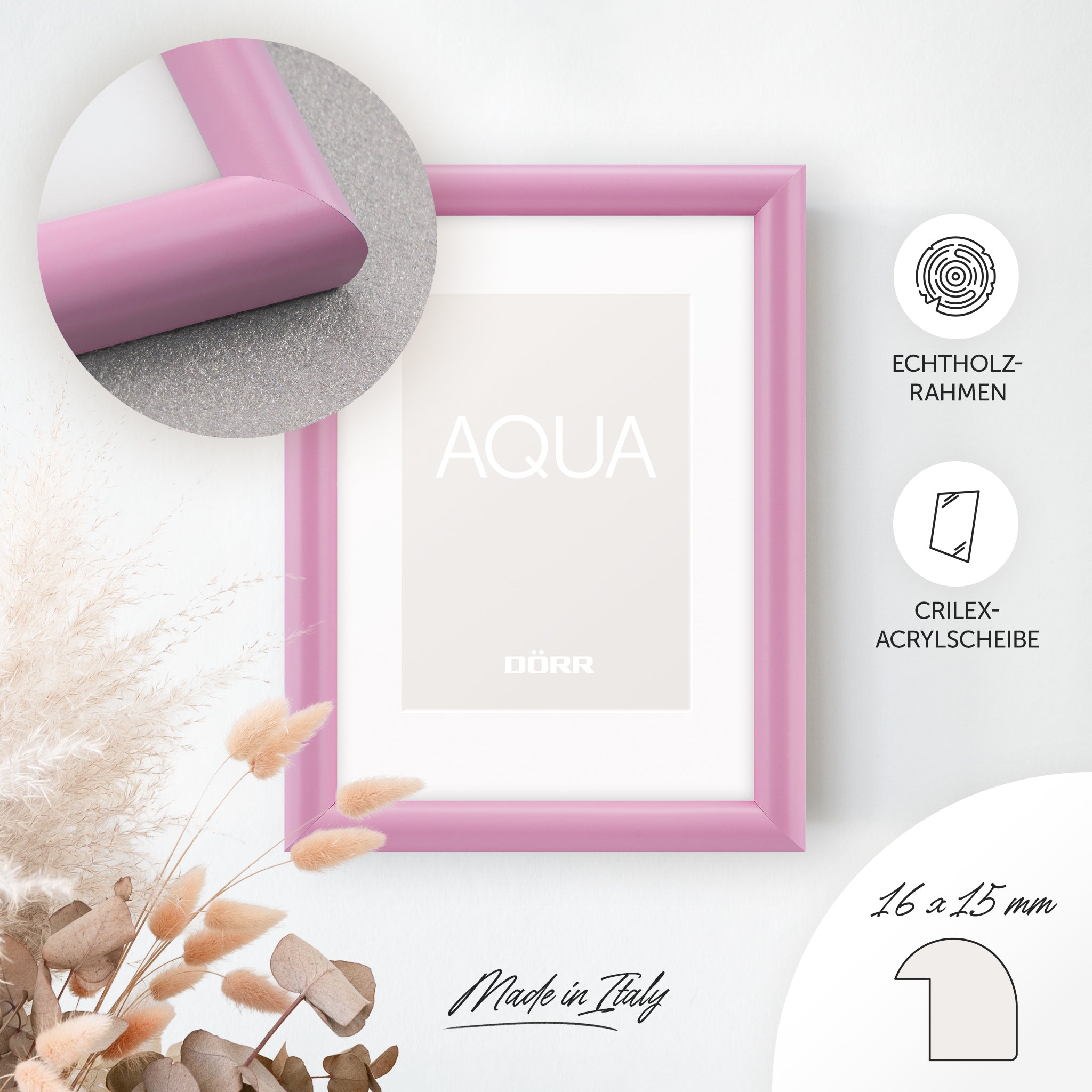 DÖRR Holz-Bilderrahmen Aqua rose, an der Wand aufgehängt, mit Detailansicht der modernen, halbrunden Rahmenleiste