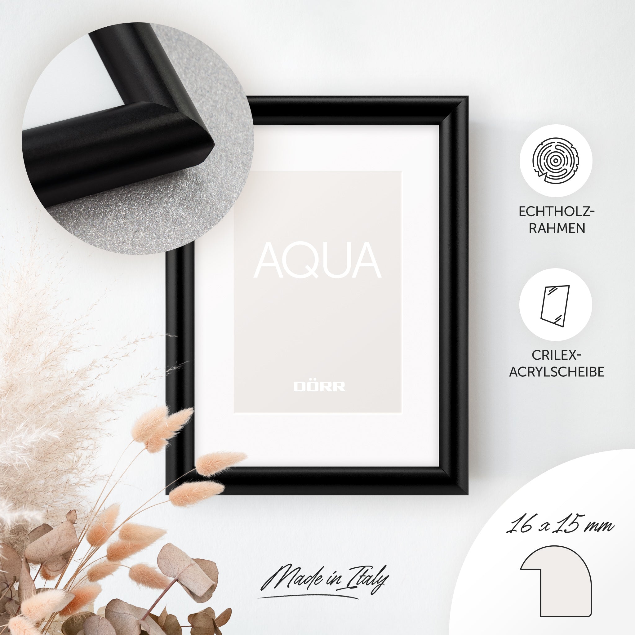 DÖRR Holz-Bilderrahmen Aqua schwarz, an der Wand aufgehängt, mit Detailansicht der modernen, halbrunden Rahmenleiste