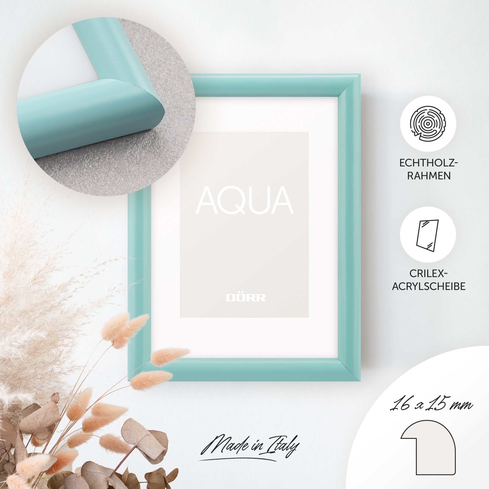 DÖRR Holz-Bilderrahmen Aqua mintgrün, an der Wand aufgehängt, mit Detailansicht der modernen, halbrunden Rahmenleiste