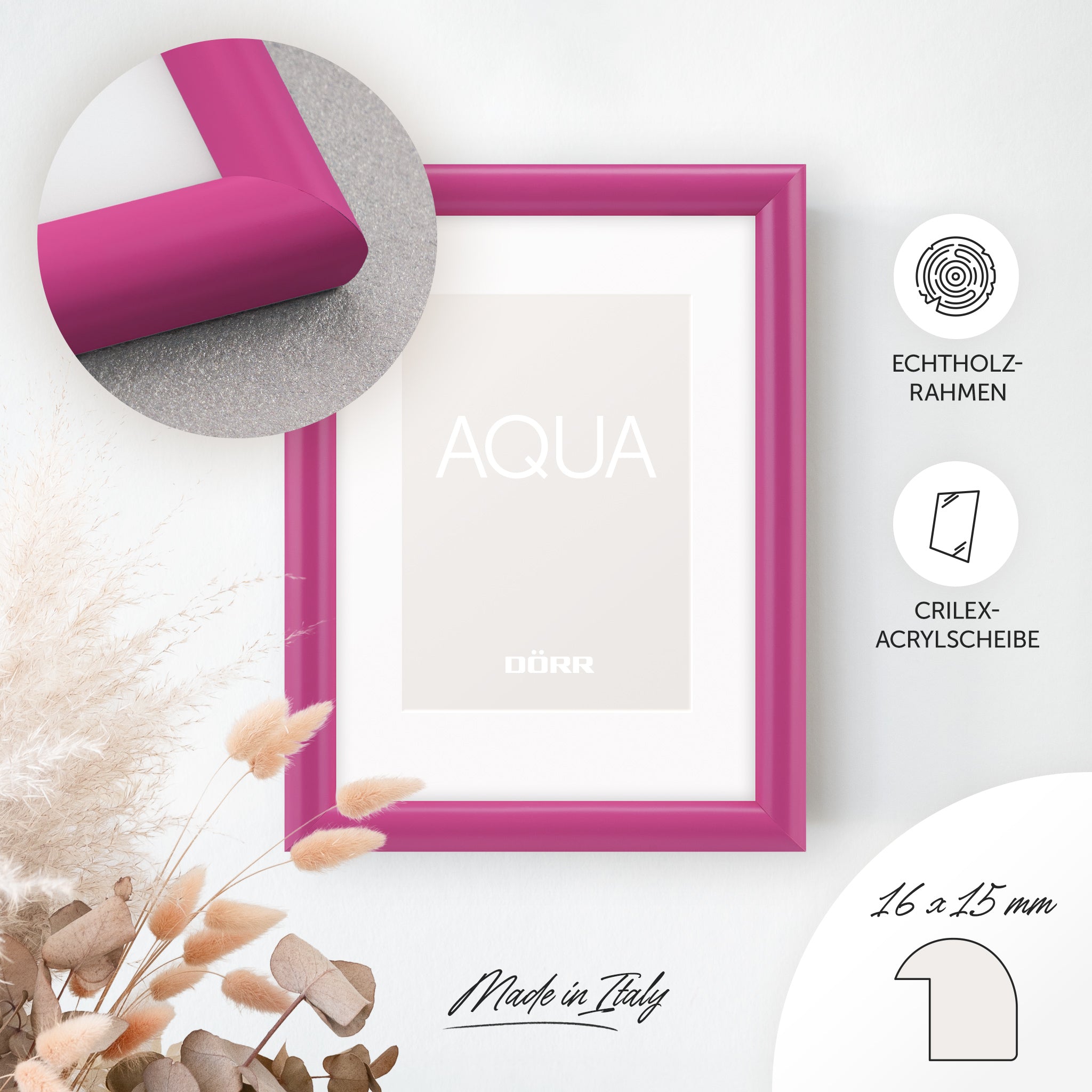 DÖRR Holz-Bilderrahmen Aqua pink, an der Wand aufgehängt, mit Detailansicht der modernen, halbrunden Rahmenleiste