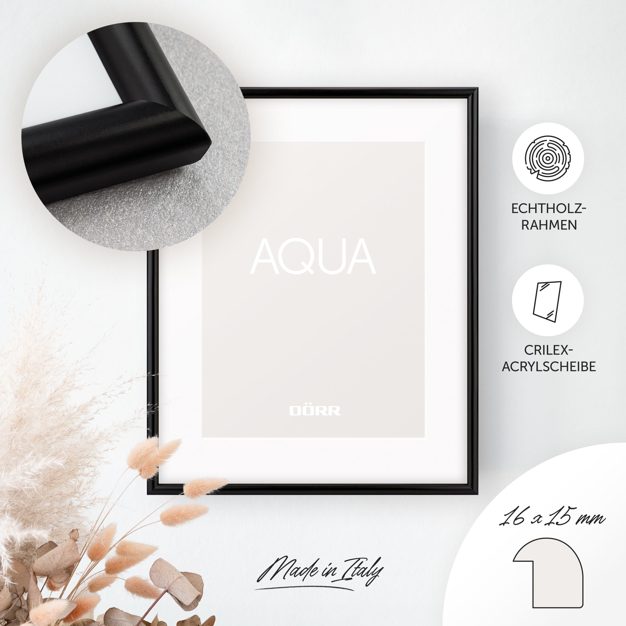 DÖRR Holz-Bilderrahmen Aqua schwarz, an der Wand aufgehängt, mit Detailansicht der modernen, halbrunden Rahmenleiste