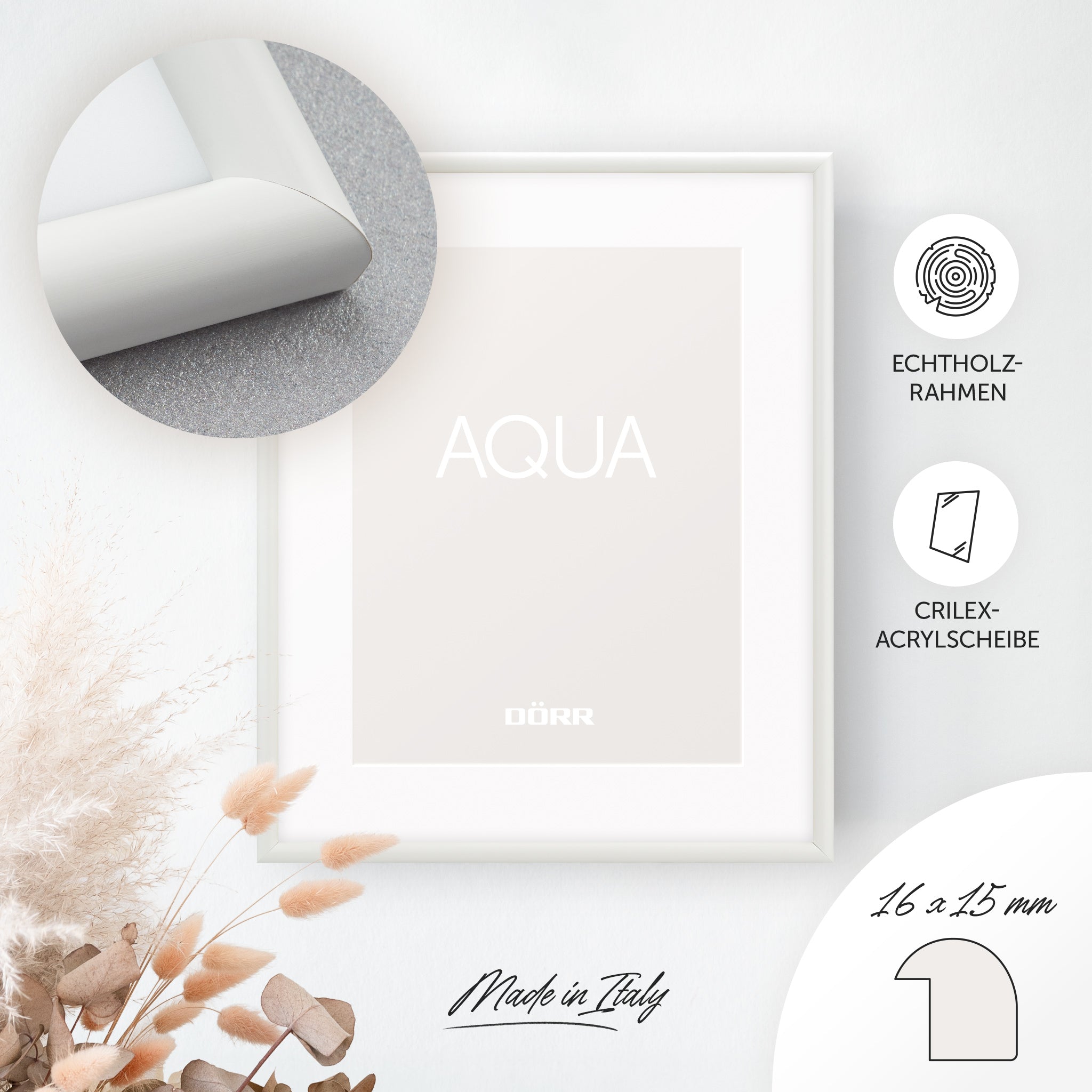 DÖRR Holz-Bilderrahmen Aqua weiß, an der Wand aufgehängt, mit Detailansicht der modernen, halbrunden Rahmenleiste