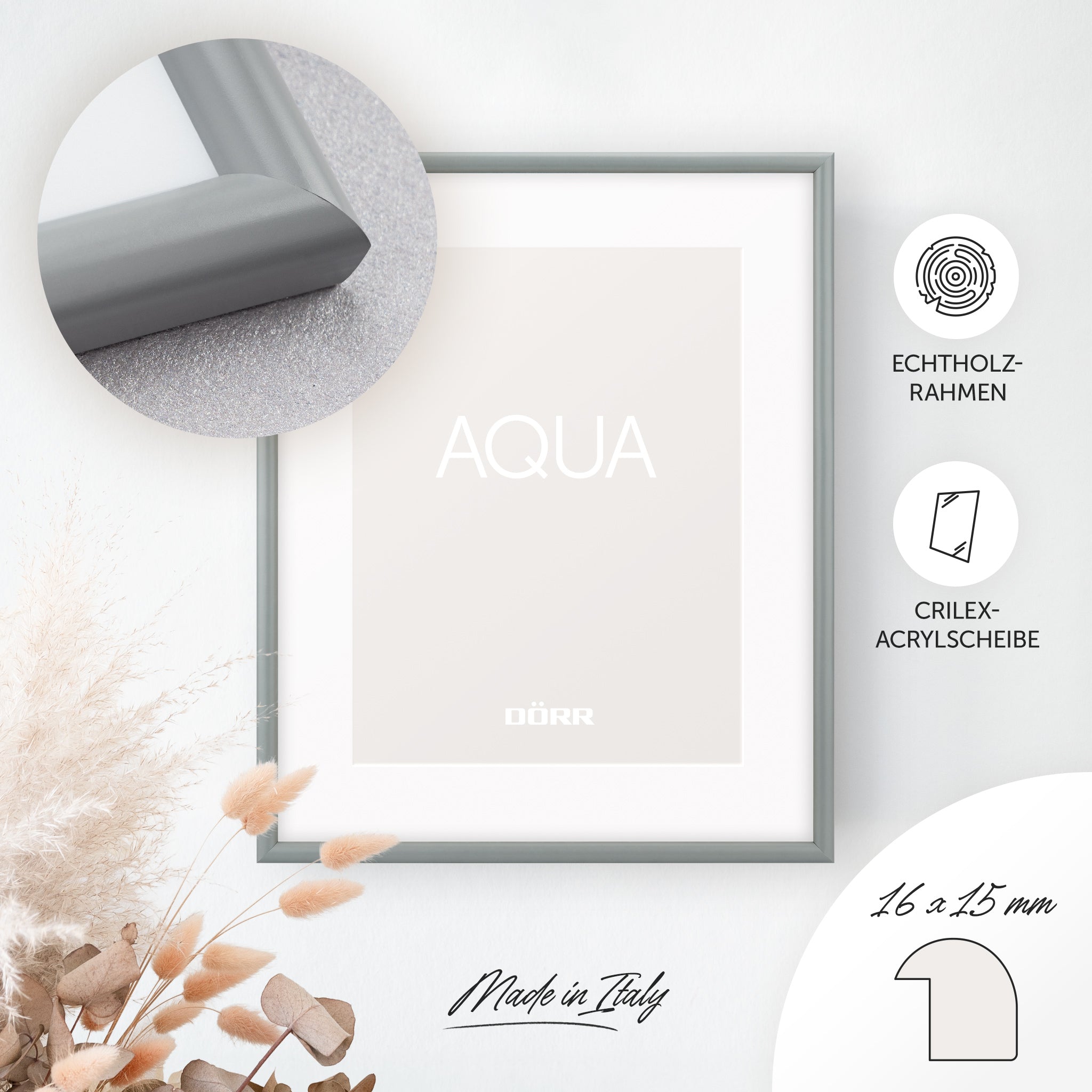 DÖRR Holz-Bilderrahmen Aqua grau, an der Wand aufgehängt, mit Detailansicht der modernen, halbrunden Rahmenleiste