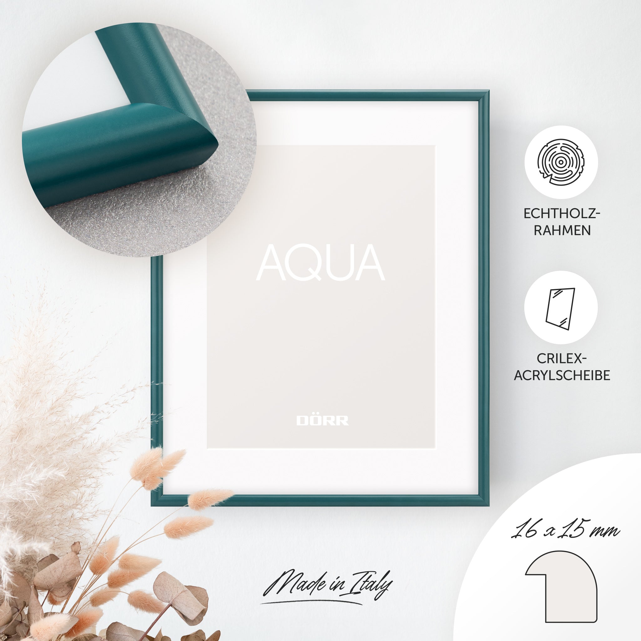 DÖRR Holz-Bilderrahmen Aqua petrol, an der Wand aufgehängt, mit Detailansicht der modernen, halbrunden Rahmenleiste
