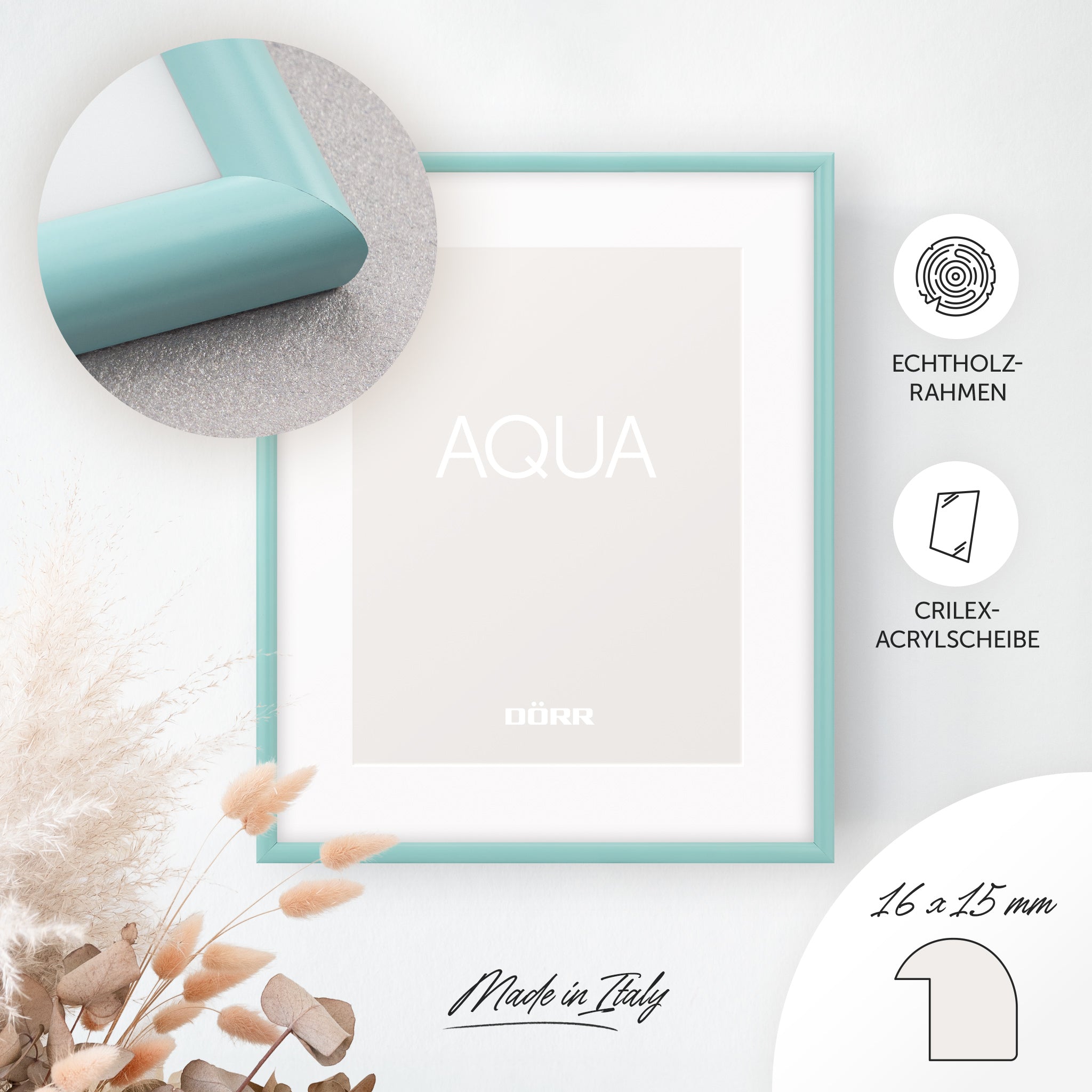 DÖRR Holz-Bilderrahmen Aqua mintgrün, an der Wand aufgehängt, mit Detailansicht der modernen, halbrunden Rahmenleiste