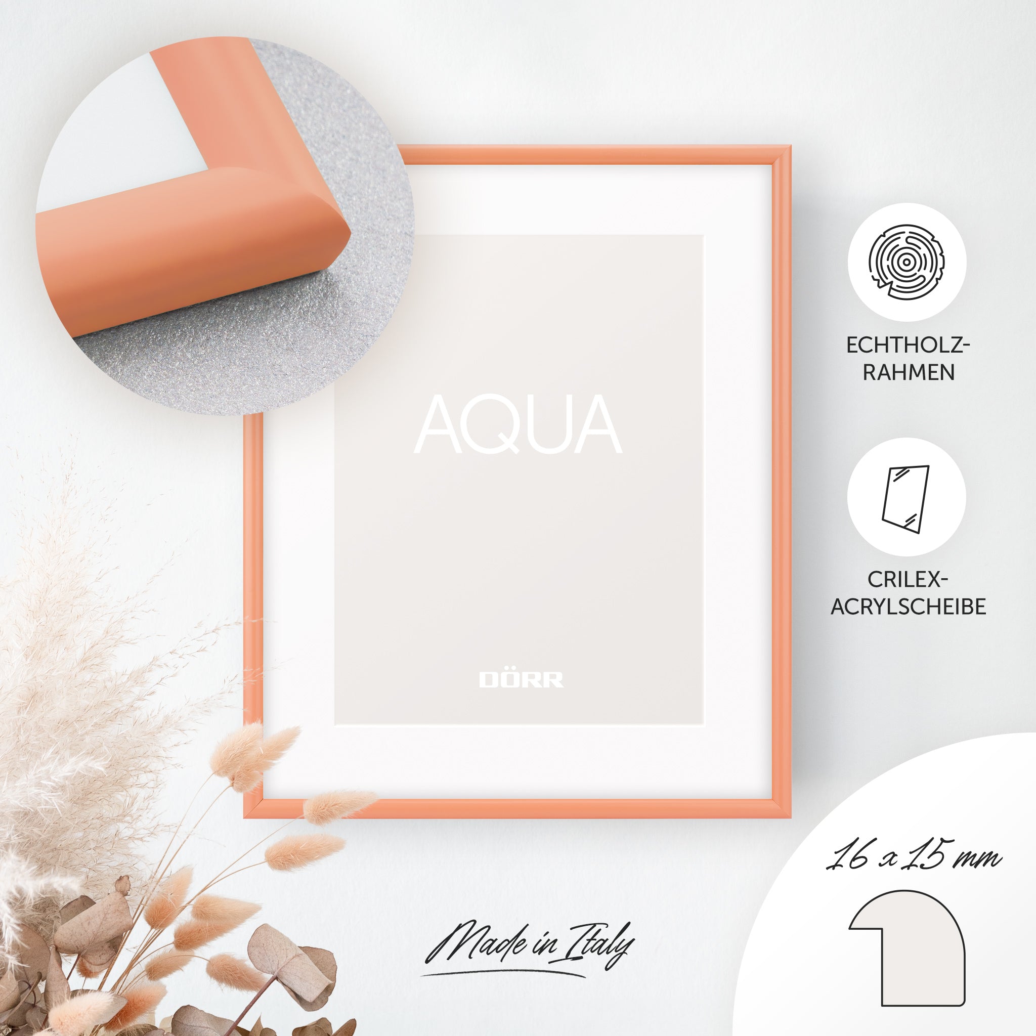DÖRR Holz-Bilderrahmen Aqua peach, an der Wand aufgehängt, mit Detailansicht der modernen, halbrunden Rahmenleiste