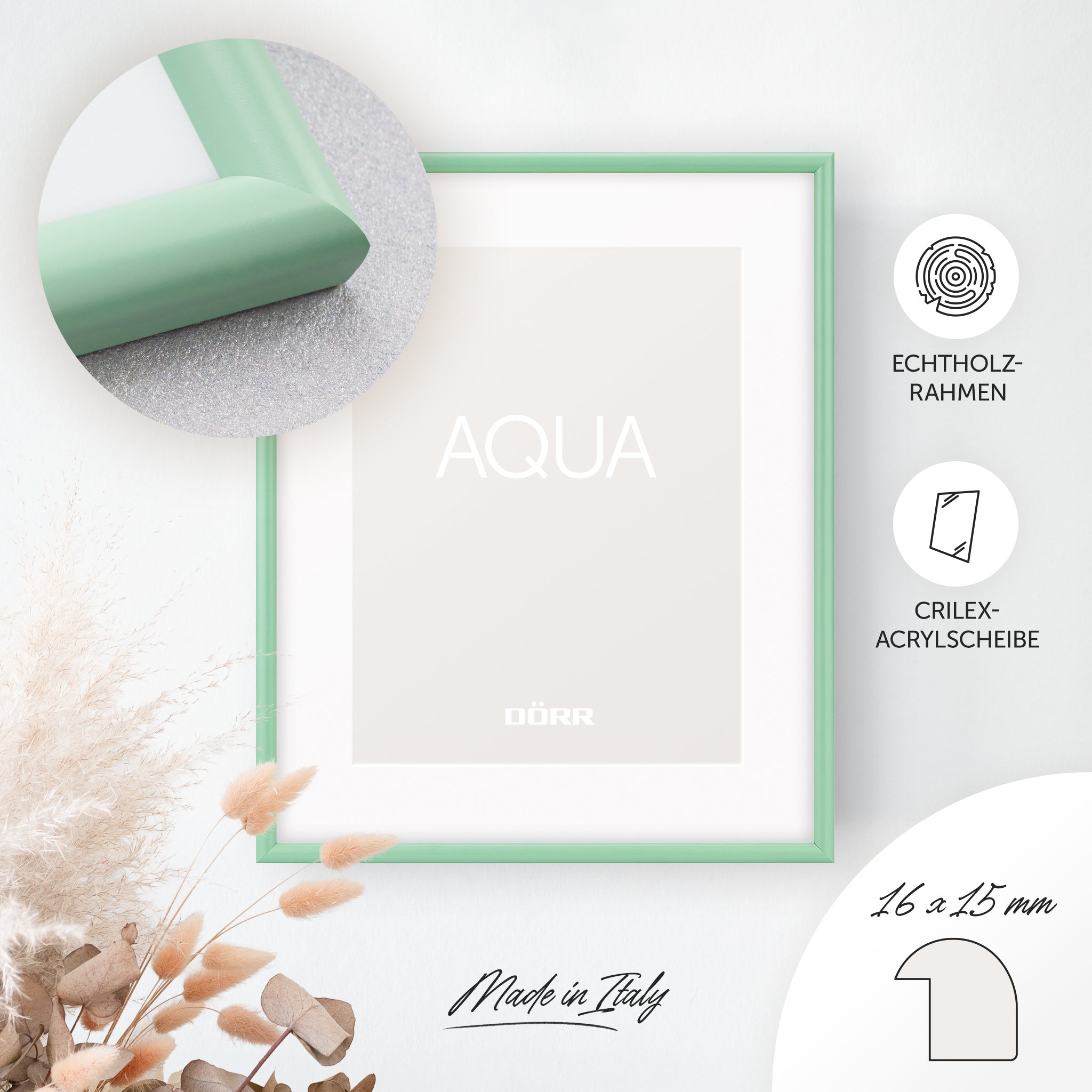 DÖRR Holz-Bilderrahmen Aqua hellgrün, an der Wand aufgehängt, mit Detailansicht der modernen, halbrunden Rahmenleiste
