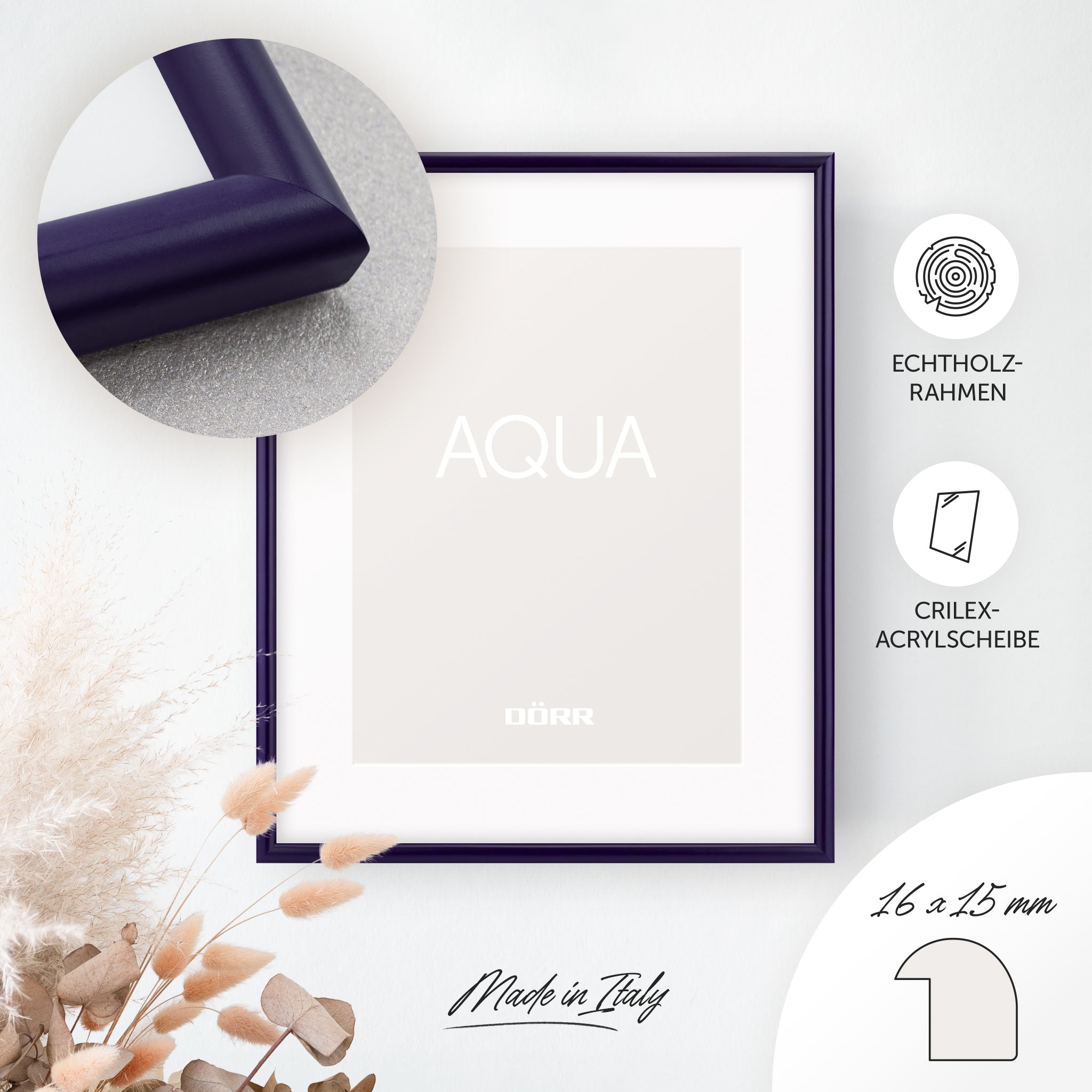 DÖRR Holz-Bilderrahmen Aqua lila, an der Wand aufgehängt, mit Detailansicht der modernen, halbrunden Rahmenleiste