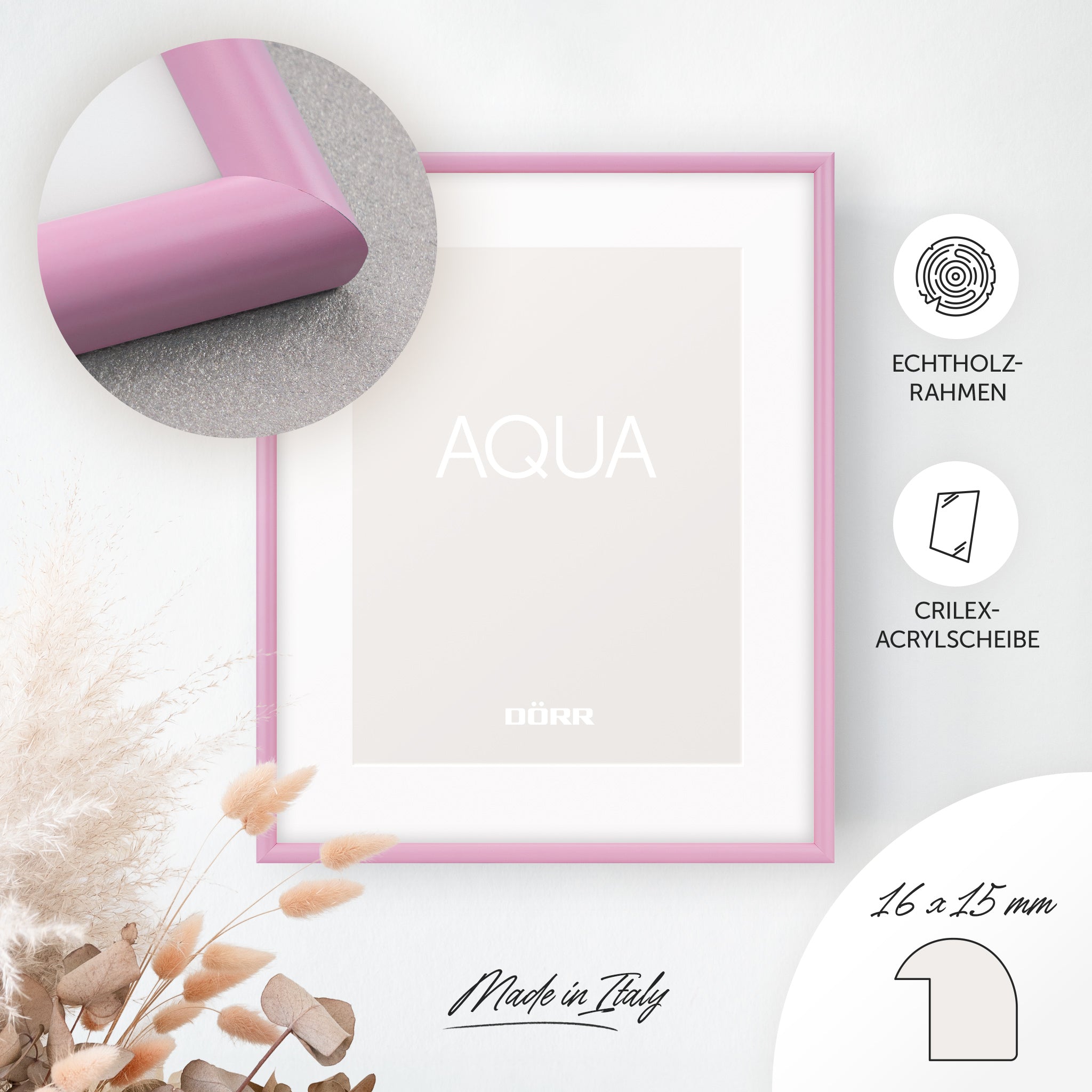 DÖRR Holz-Bilderrahmen Aqua rosa, an der Wand aufgehängt, mit Detailansicht der modernen, halbrunden Rahmenleiste
