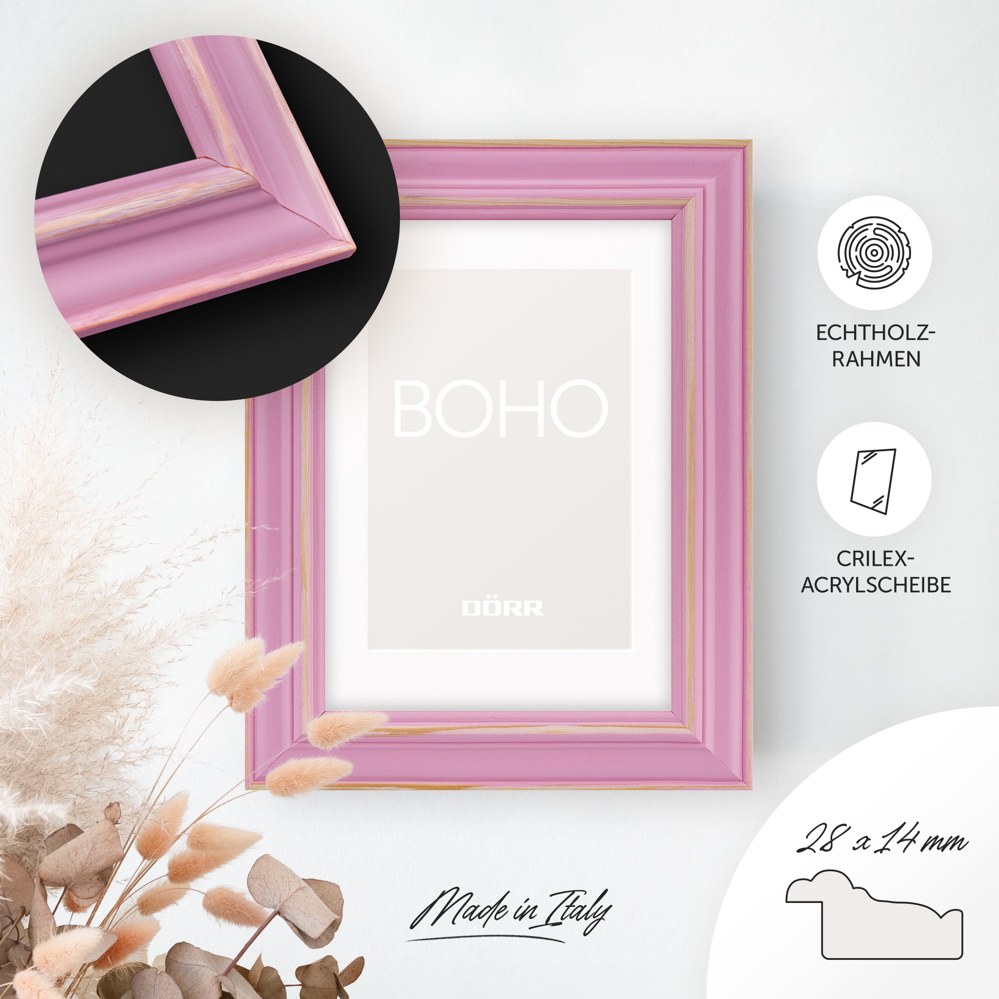 DÖRR Holz-Bilderrahmen Boho in Rosa im Vintage-Stil, an der Wand aufgehängt, mit Detailansicht der strukturierten Leiste
